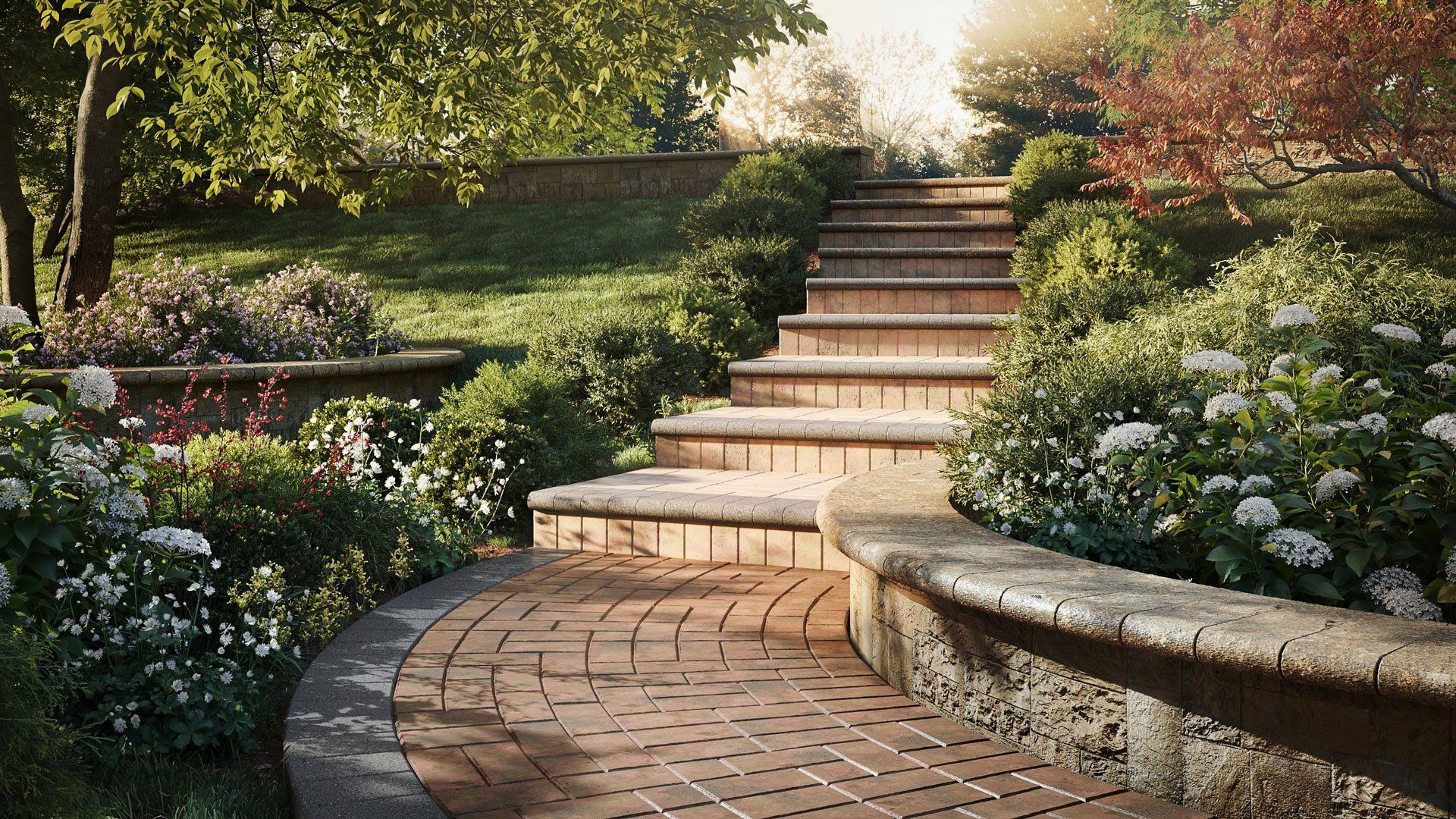 3D garden scene showcasing realistic rendering of a landscaped pathway with lush greenery and stone steps