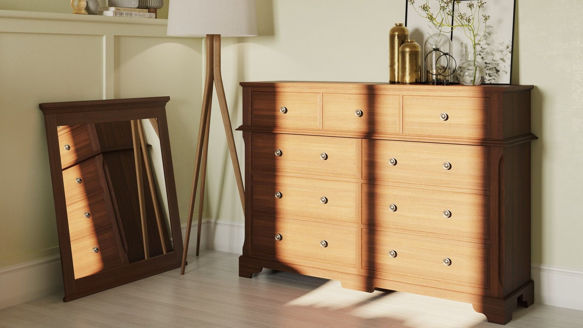 High-quality 3D furniture modeling and rendering showcasing a wooden dresser with realistic textures and lighting in a modern interior setting.