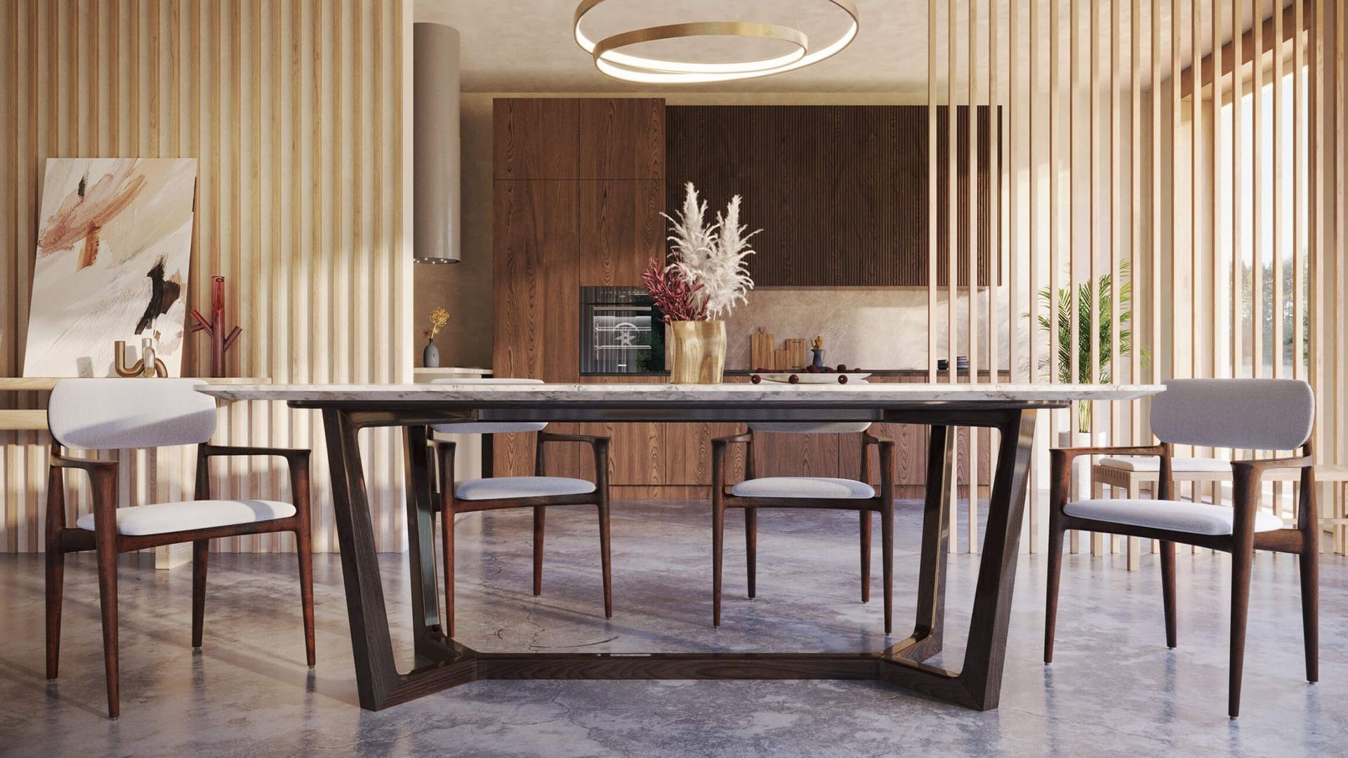 3D furniture rendering showcasing a modern dining room with bespoke 3D furniture modeling and photorealistic visualization.