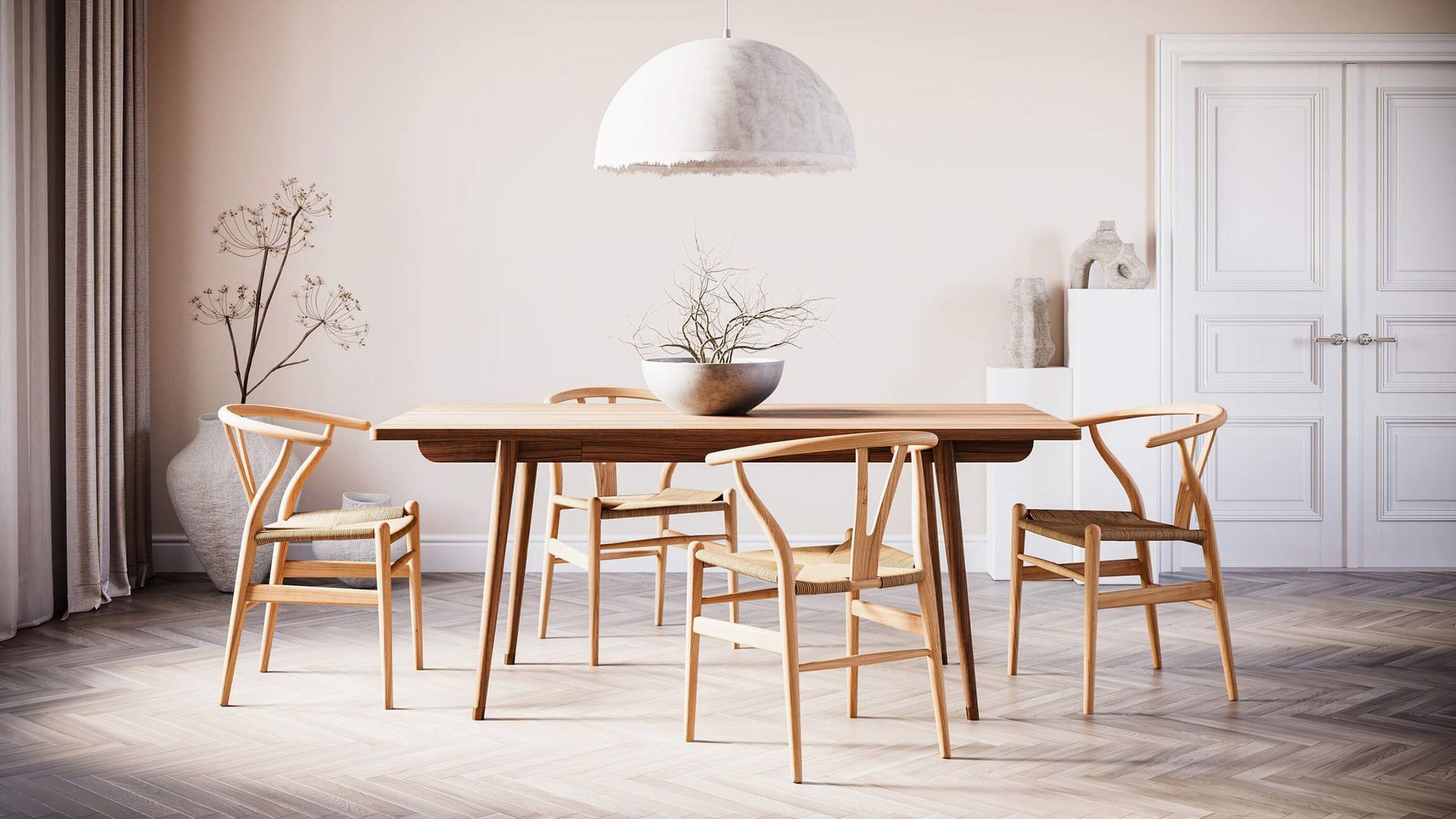 Photorealistic 3D rendering of a modern dining room with wooden furniture, showcasing 3D furniture modeling and visualization.