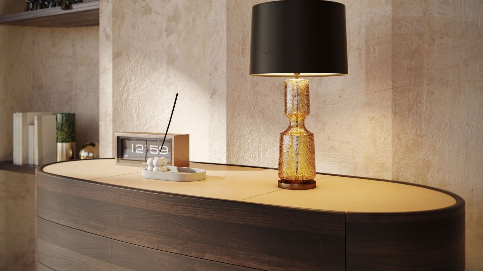 High-quality 3D furniture rendering showcasing a modern interior with realistic lighting and textures, featuring a lamp and decor on a wooden surface.
