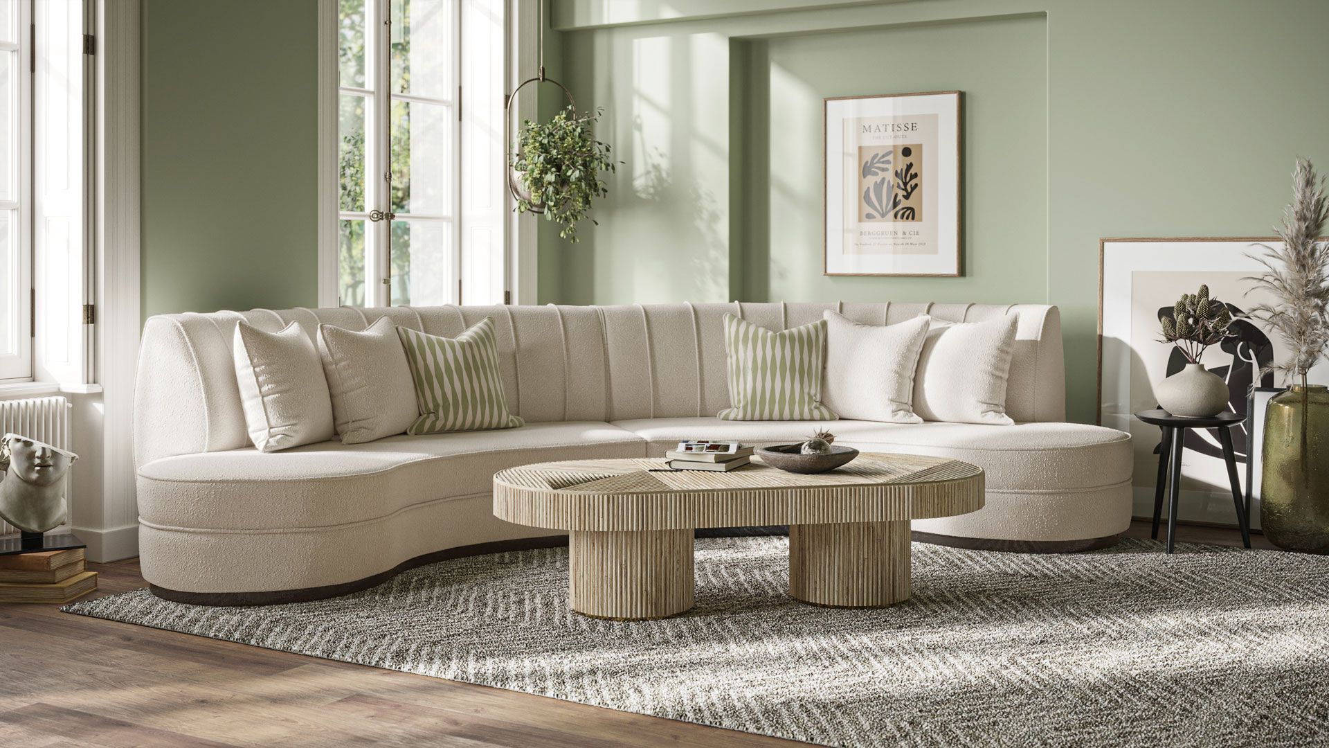 Curved Cream Sofa And Ribbed Table In Sunlit Living Room Captured In A Cozy Lifestyle Rendering