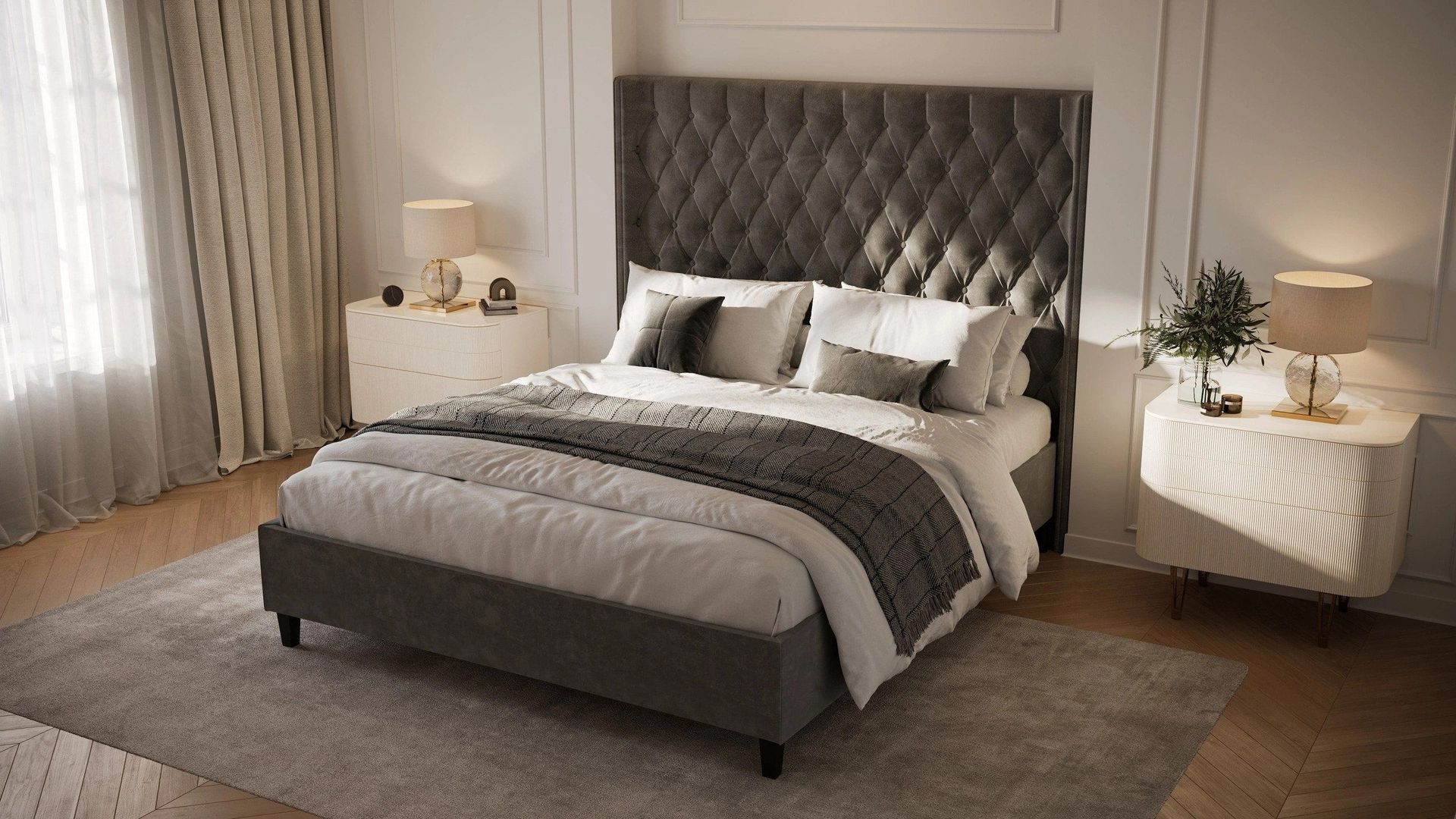 3D furniture modeling and rendering showcasing a bedroom interior with a high-quality bed and decor, highlighting photorealistic visualization and CGI rendering.