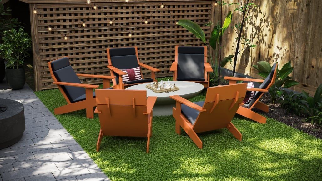 3D furniture modeling and rendering of an outdoor patio set with orange chairs and a round table, showcasing realistic furniture rendering and 3D lifestyle visualization.