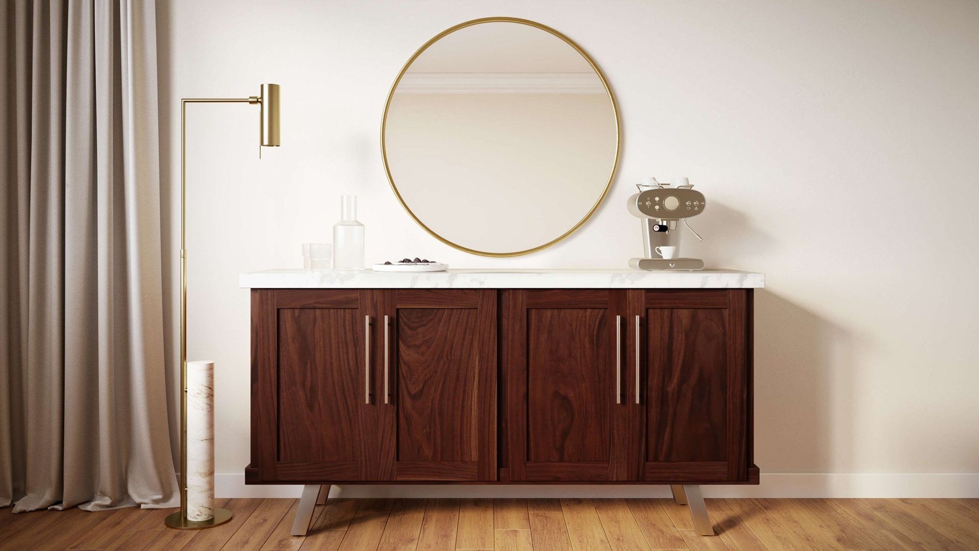 High-quality 3D furniture rendering showcasing a modern interior with wooden cabinet and decor, emphasizing 3D modeling and visualization techniques.