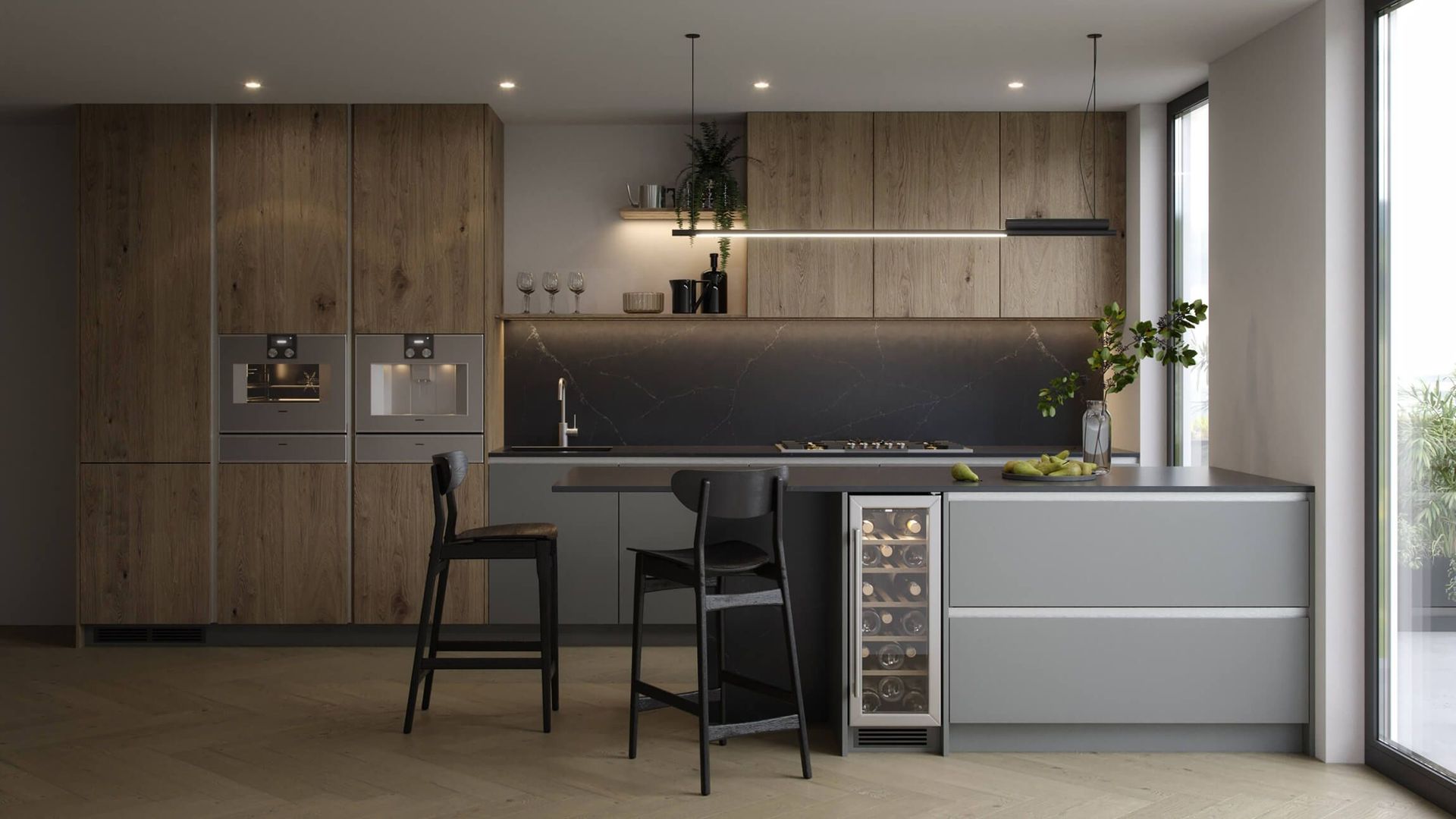 High-quality 3D rendering of a modern kitchen showcasing realistic furniture and interior design, featuring 3D furniture modeling and visualization.