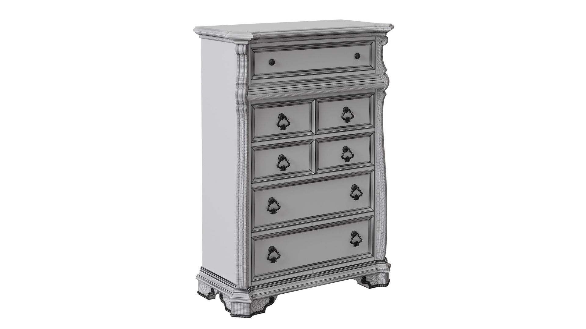 High-quality 3D rendered furniture visualization of a classic dresser showcasing detailed 3D modeling and texturing.