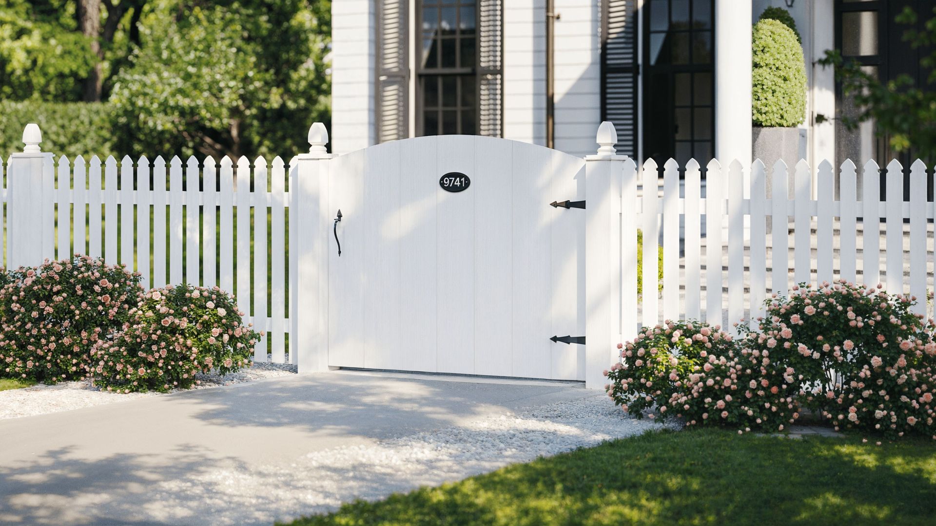 3D rendering of a white picket fence and garden, showcasing 3D modeling and realistic visualization techniques