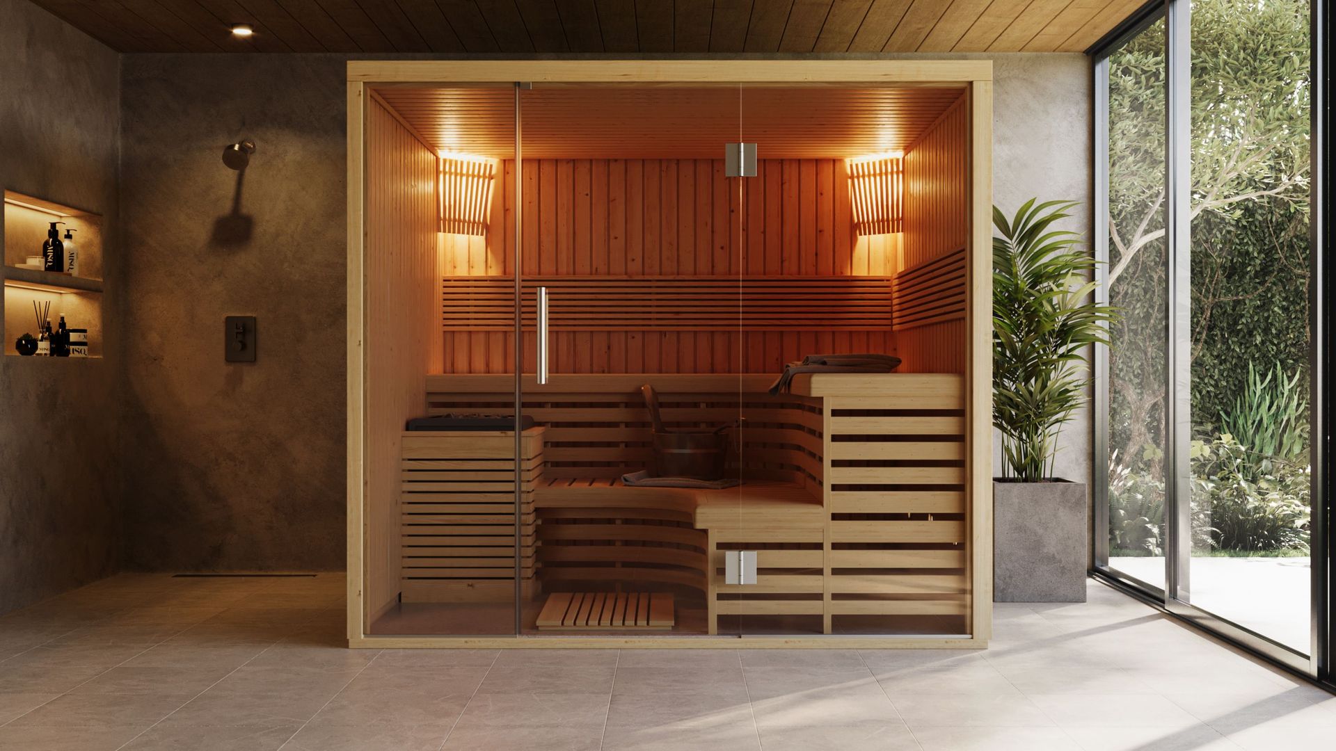 3D interior rendering showcasing a modern sauna with realistic furniture rendering and photorealistic visualization