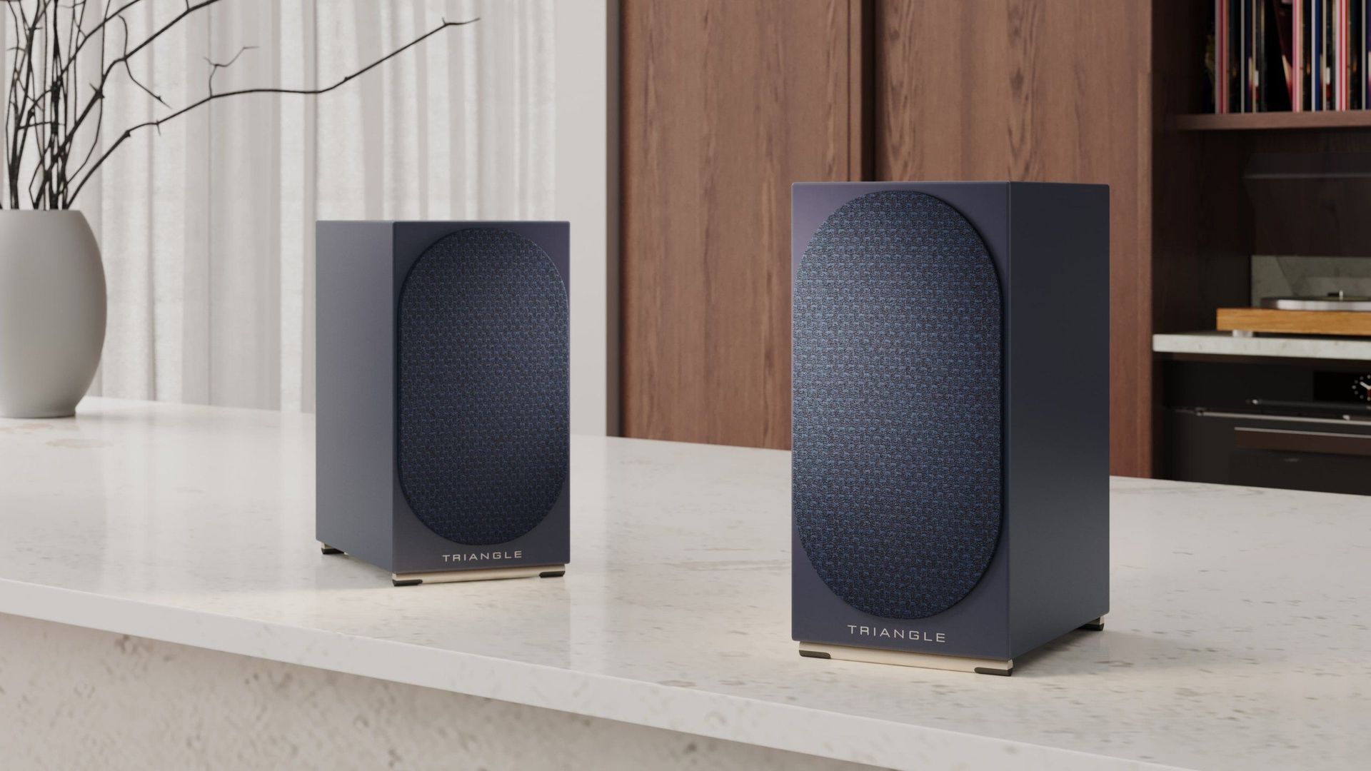 3D product rendering showcasing trendy speakers on a countertop, highlighting realistic house fittings rendering and 3D interior visualization.