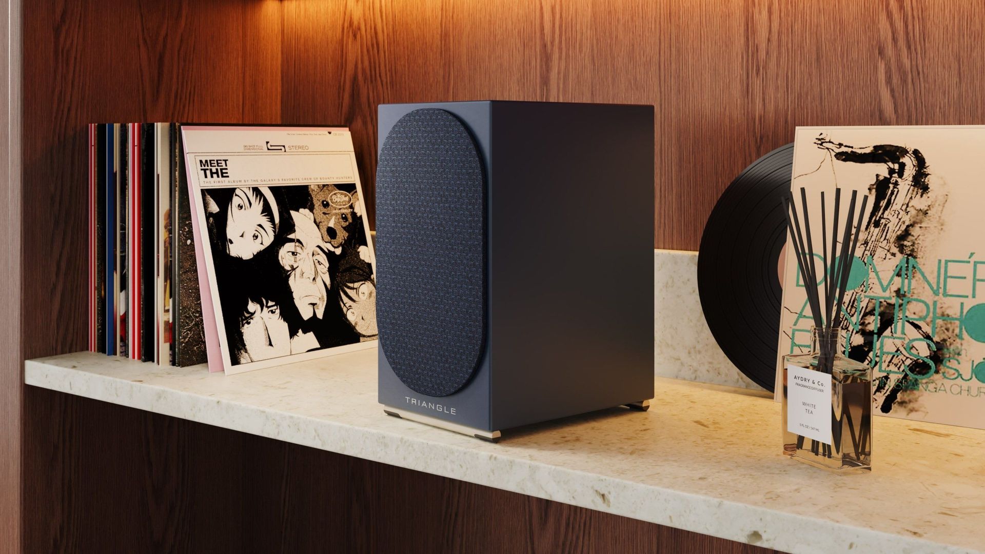 3D house fittings rendering showcasing a trendy shelf with a speaker, vinyl records, and decor items, highlighting 3D modeling and visualization techniques.