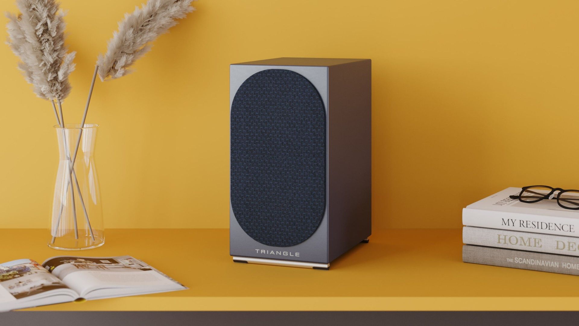 3D product rendering showcasing a trendy speaker on a shelf with books and decor, highlighting 3D furniture visualization and photorealistic CGI.