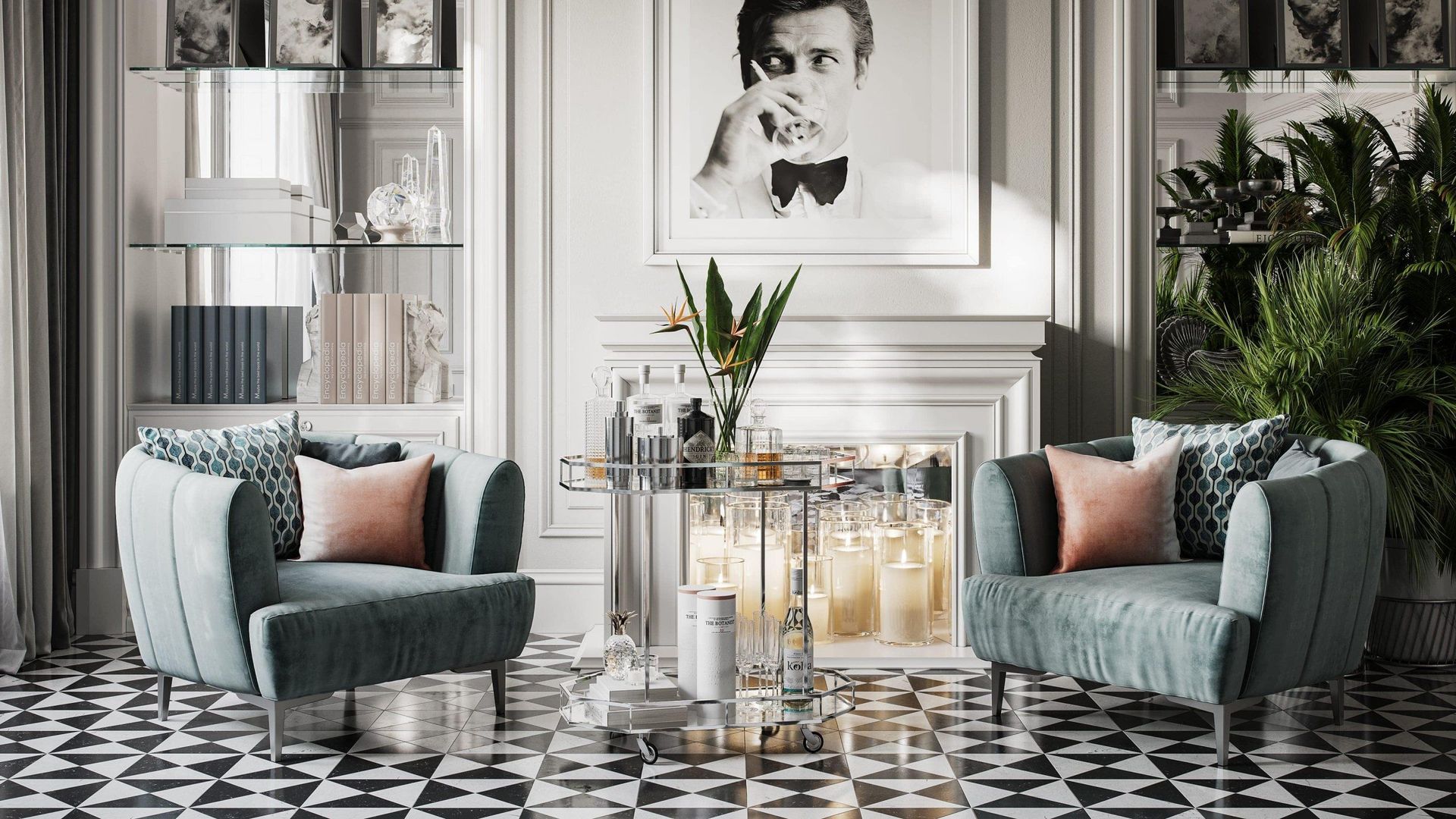 3D Rendering Of A Chic Lounge With Velvet Armchairs And A Stylish Bar Cart Between Them