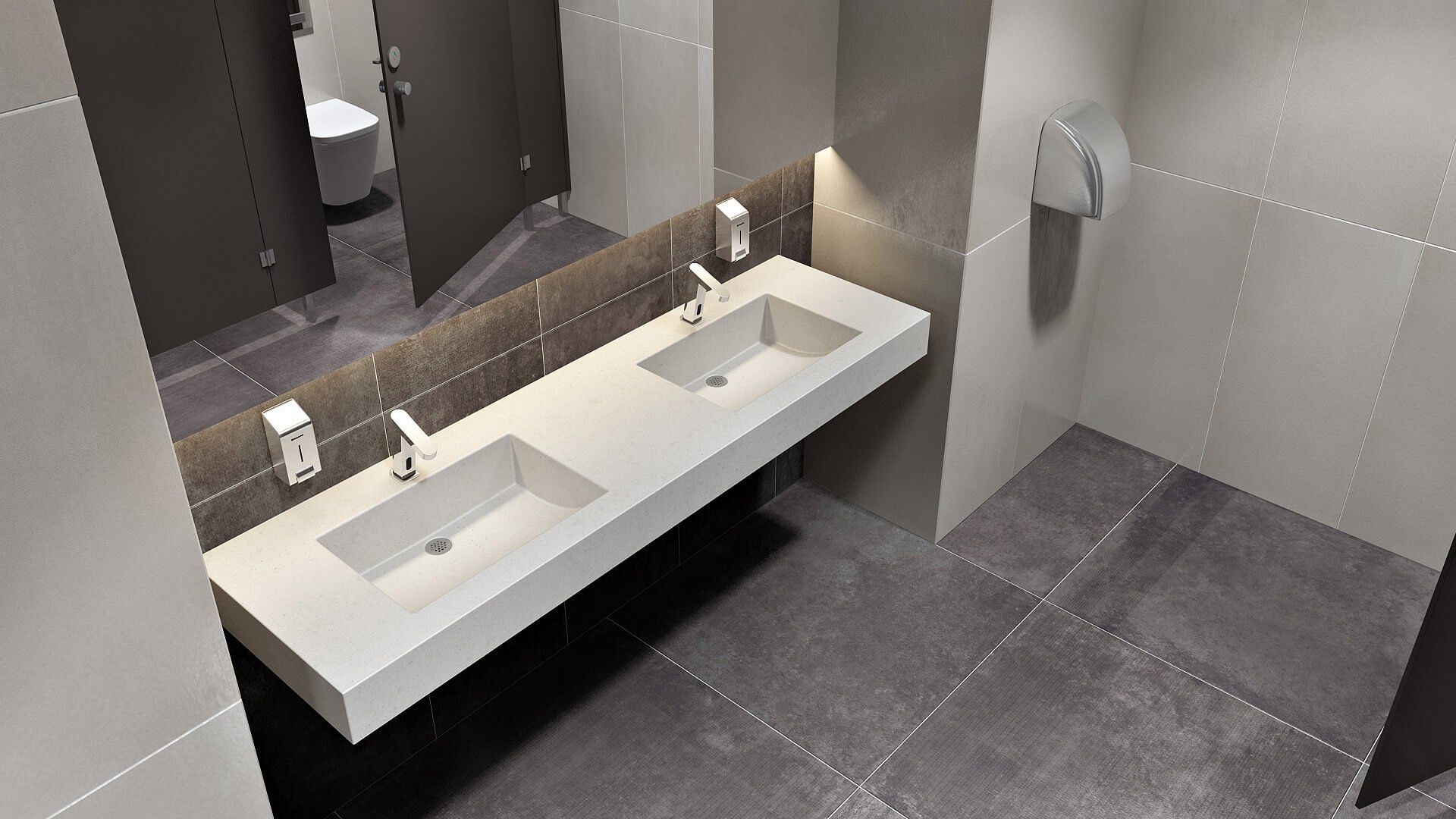 3D bathroom interior rendering showcasing photorealistic CGI visualization with modern sink and tiles