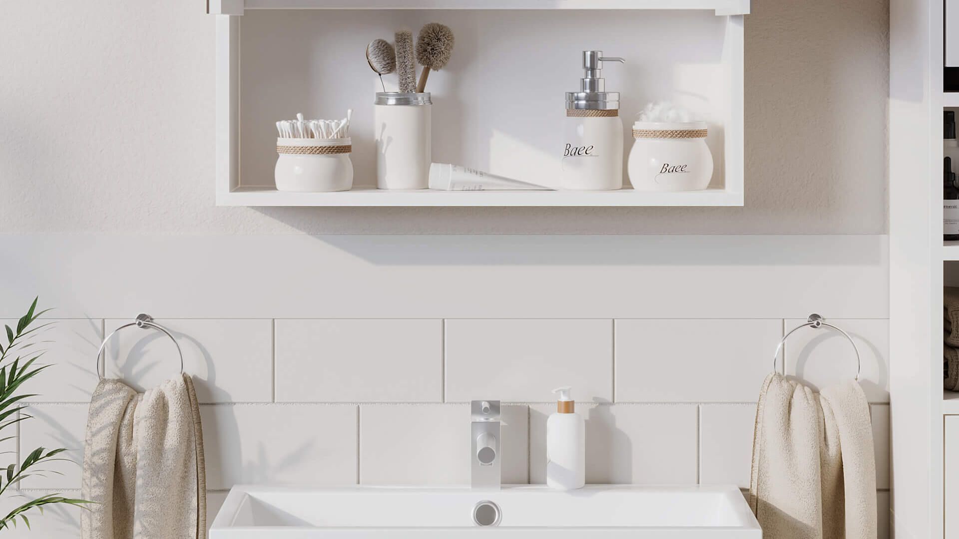 Photorealistic 3D rendering of bathroom accessories showcasing 3D furniture modeling and visualization.