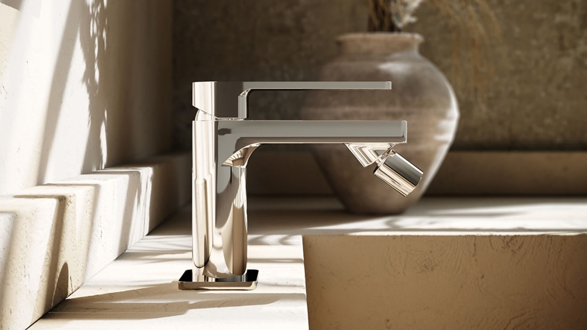 High-quality 3D rendering of a modern faucet, showcasing photorealistic product visualization and digital rendering techniques.