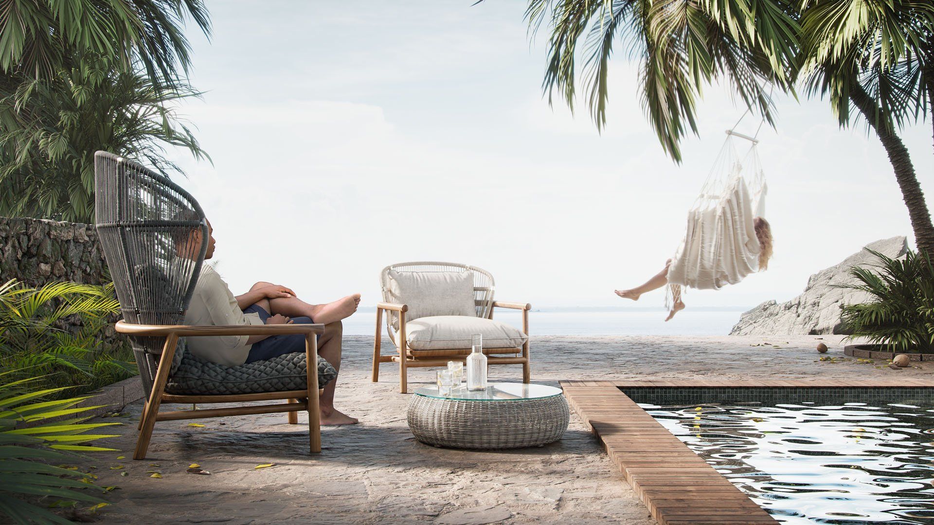 3D rendered scene showcasing outdoor furniture by the beach, featuring realistic furniture rendering and 3D lifestyle visualization.