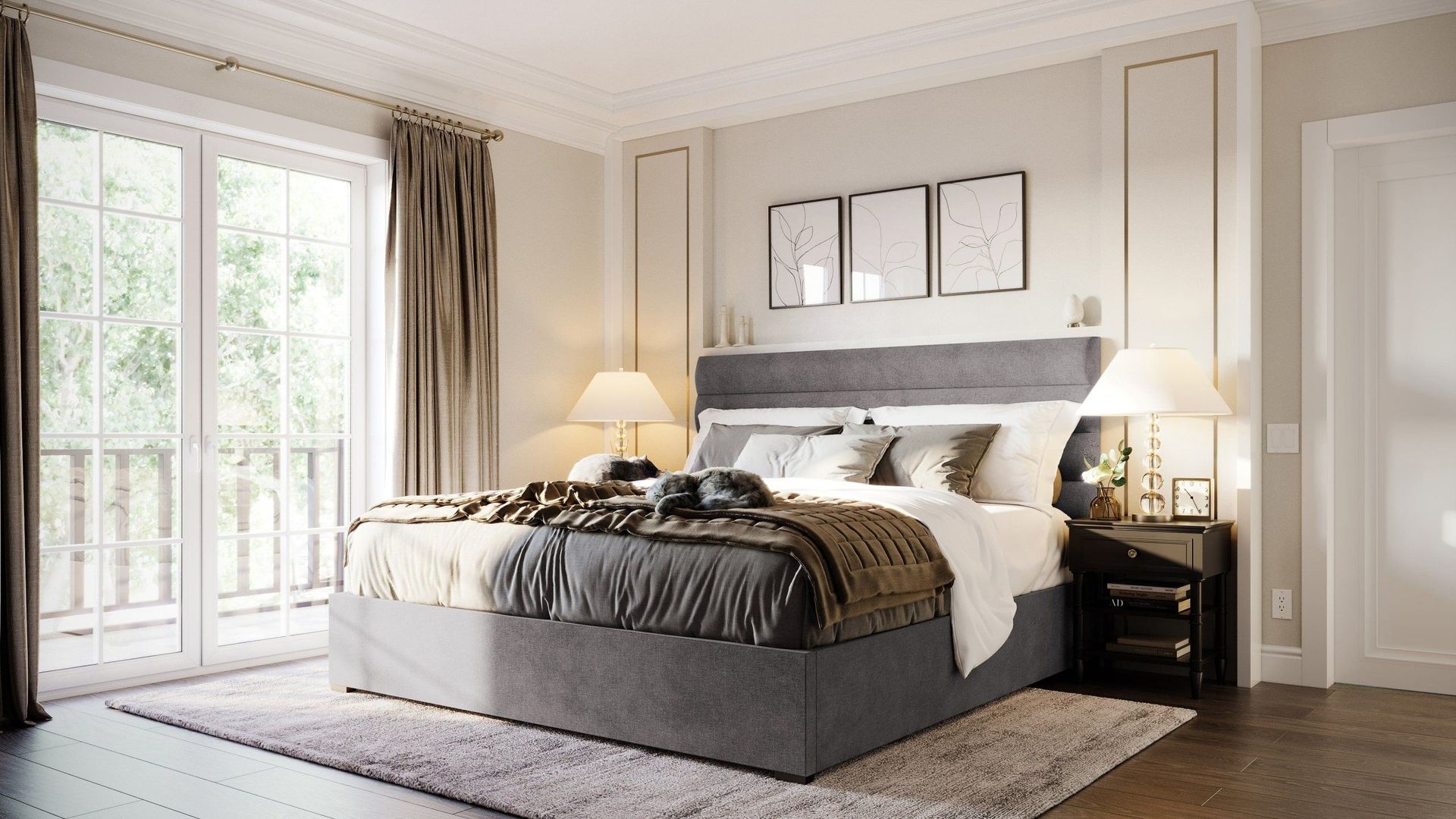 High-quality 3D rendering of a bedroom showcasing custom furniture and interior design, featuring photorealistic visualization and 3D modeling.