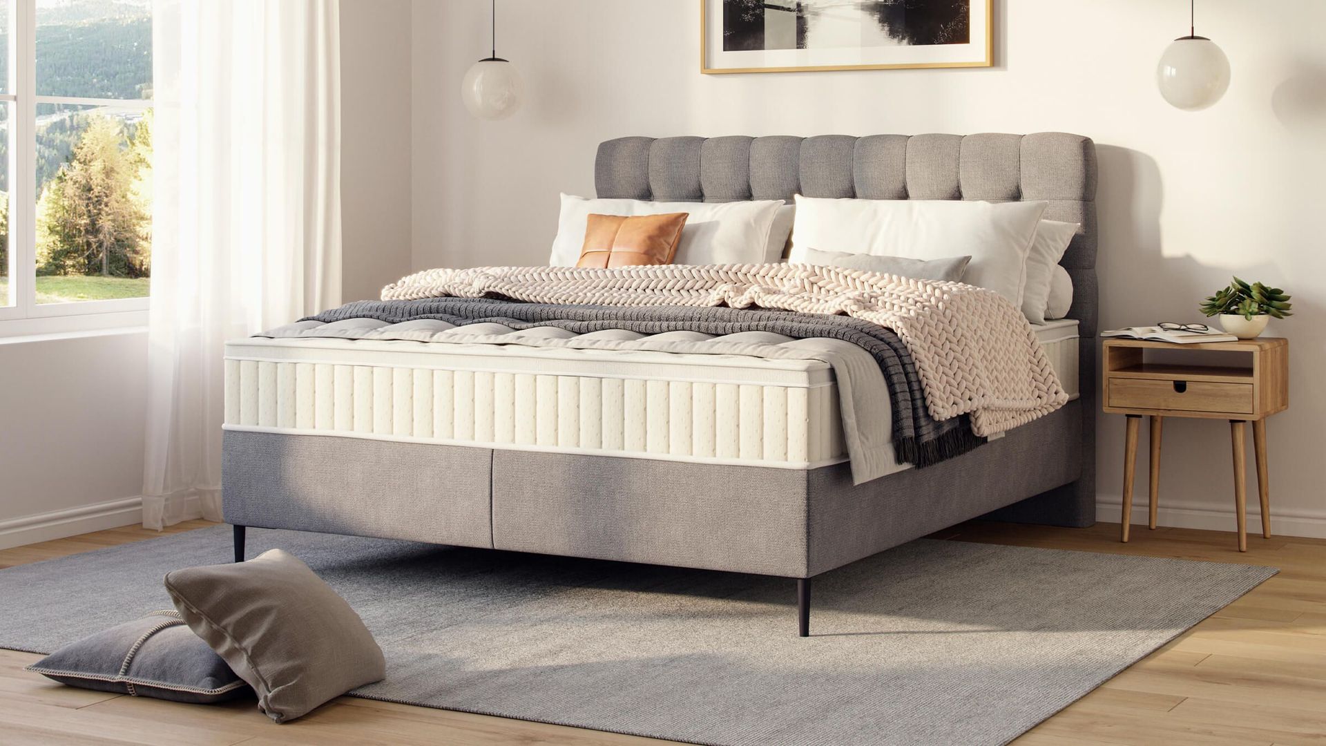 Photorealistic 3D rendering of a bedroom with a bed and nightstand, showcasing 3D house fittings modeling and visualization.