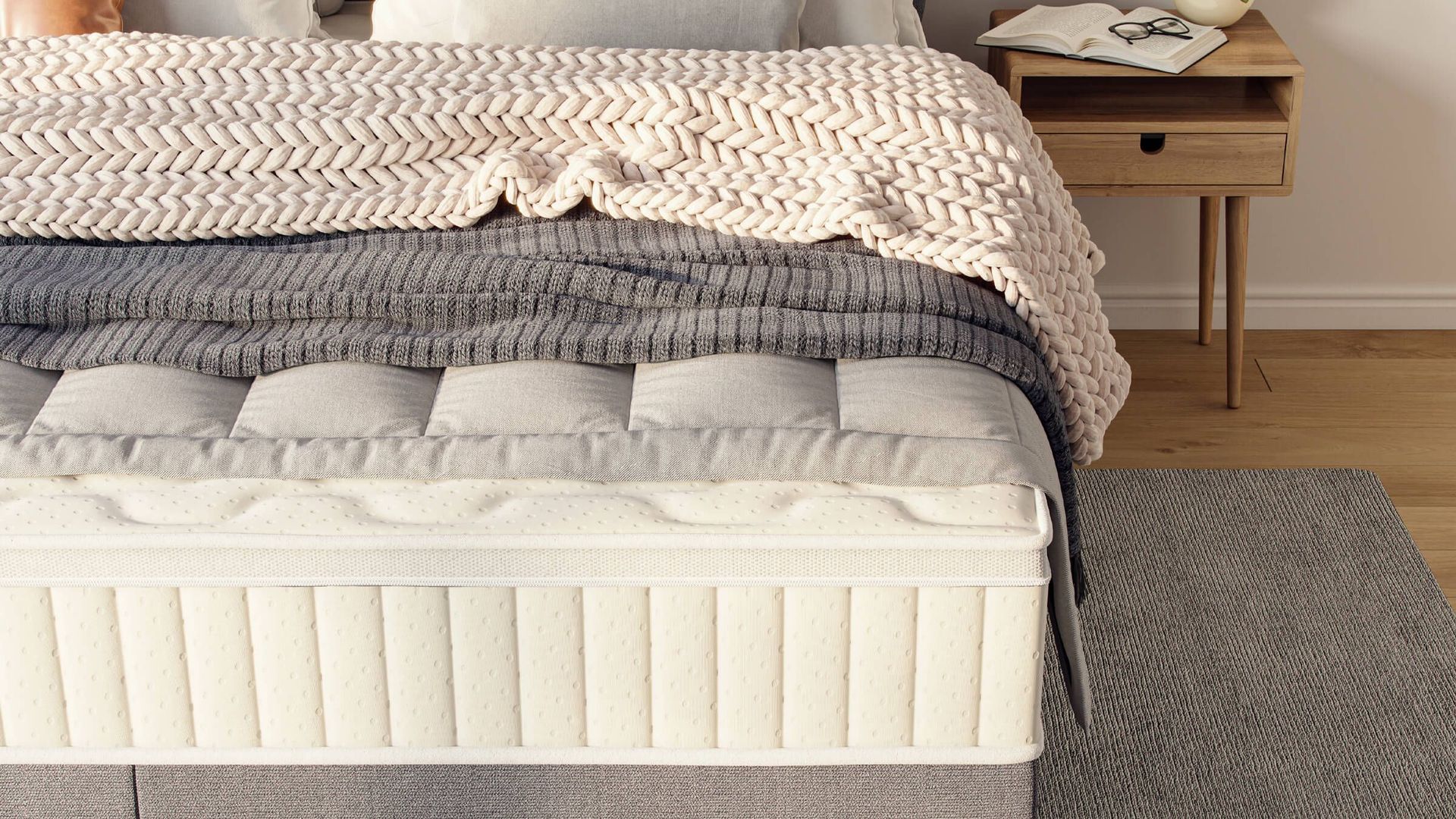 Realistic 3D house fittings visualization showcasing a bed with textured blankets and a wooden nightstand, ideal for 3D interior rendering and photorealistic CGI projects.