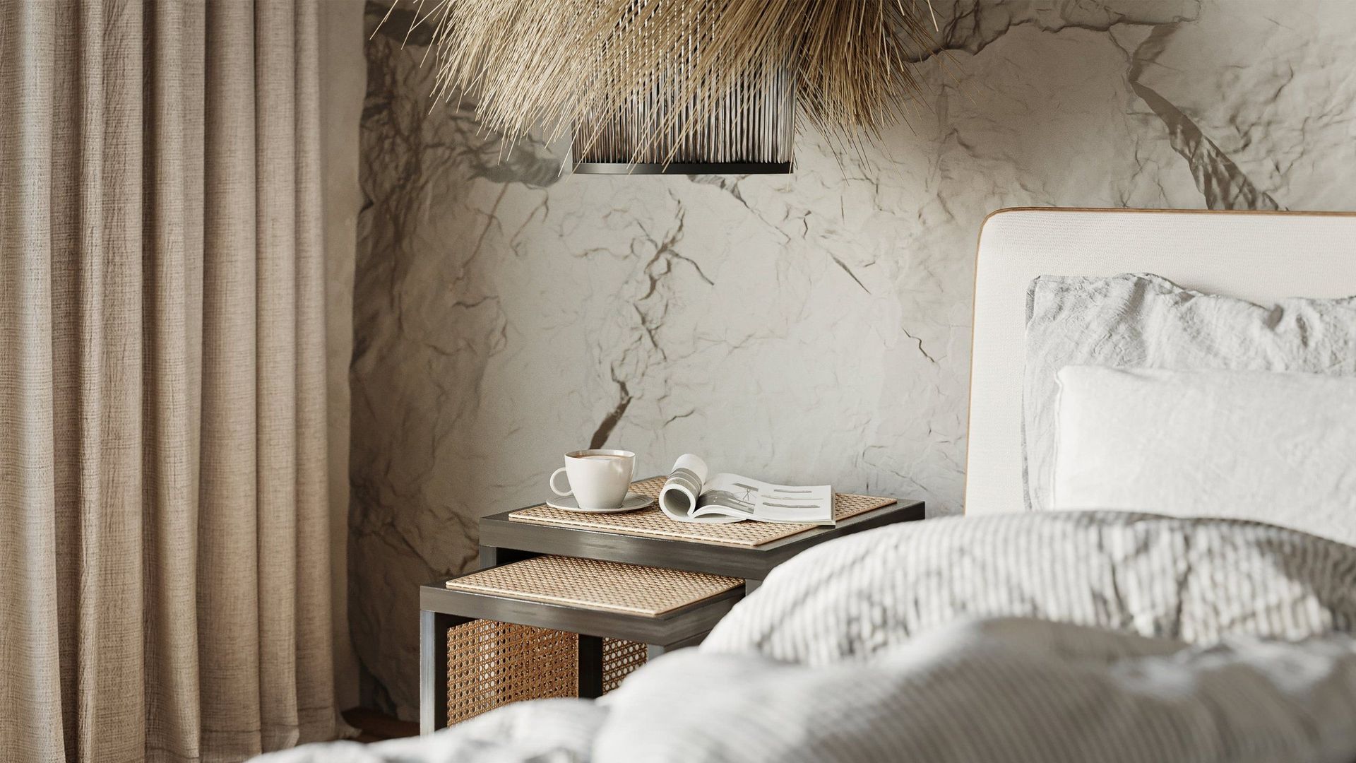 3D rendered image showcasing a cozy bedroom with realistic furniture rendering and detailed textures, featuring a bedside table and decor.