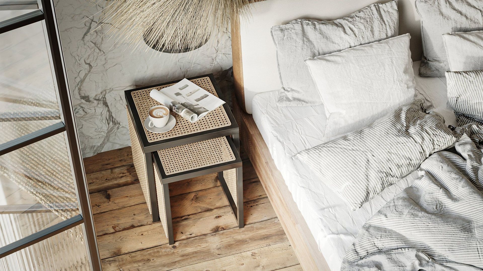 Top-notch 3D rendering of a bedroom scene showcasing realistic furniture and interior design elements, featuring a bedside table and cozy bedding.