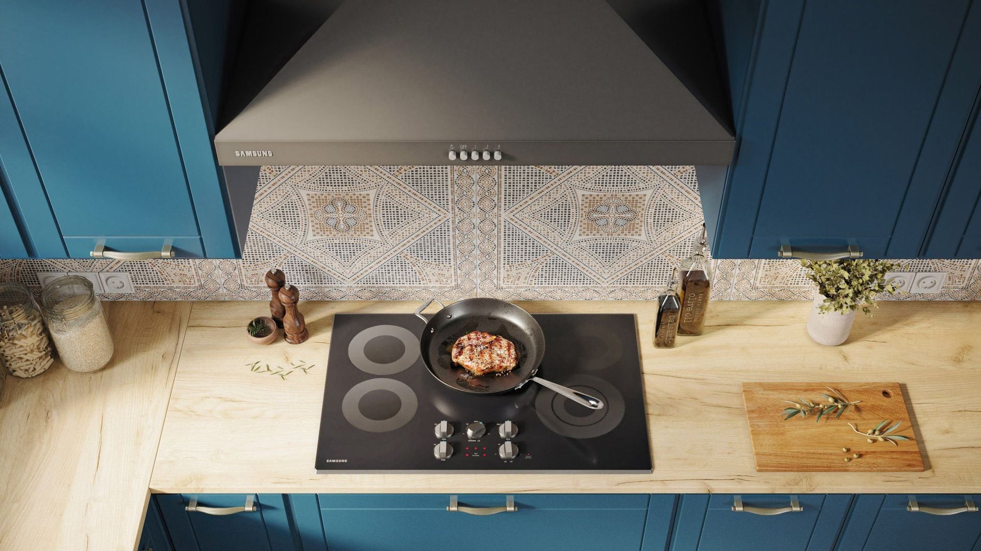 Realistic 3D kitchen interior rendering showcasing realistic house fittings and product visualization