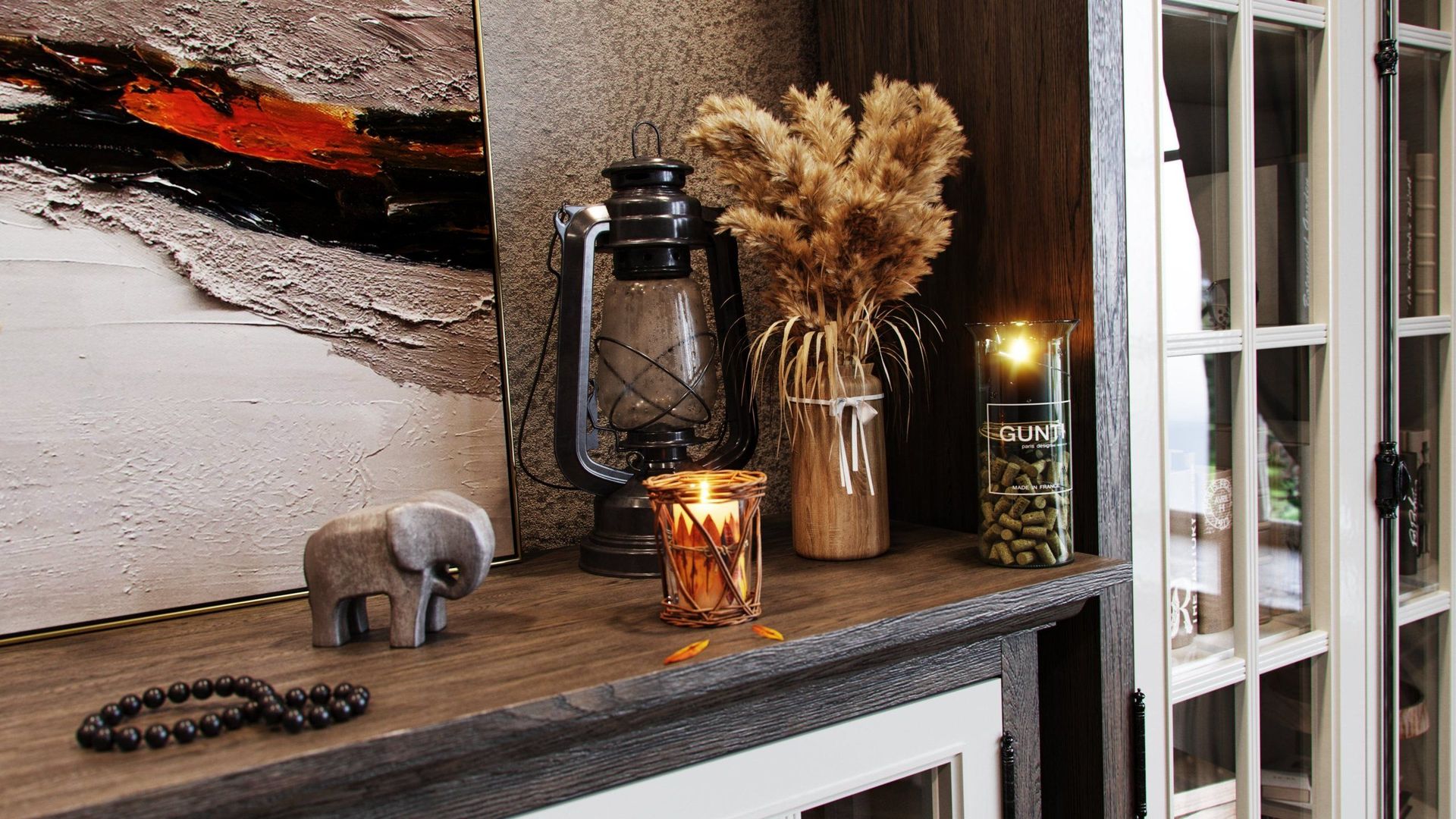 3D rendered image showcasing a rustic shelf with decor items, highlighting 3D furniture modeling and rendering techniques.