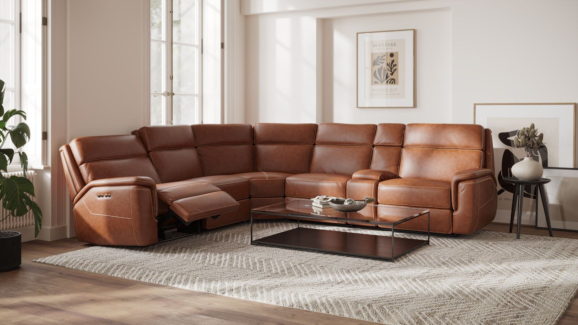 3D interior visualization showcasing a modern leather sofa, highlighting photorealistic furniture rendering and 3D lifestyle visualization.