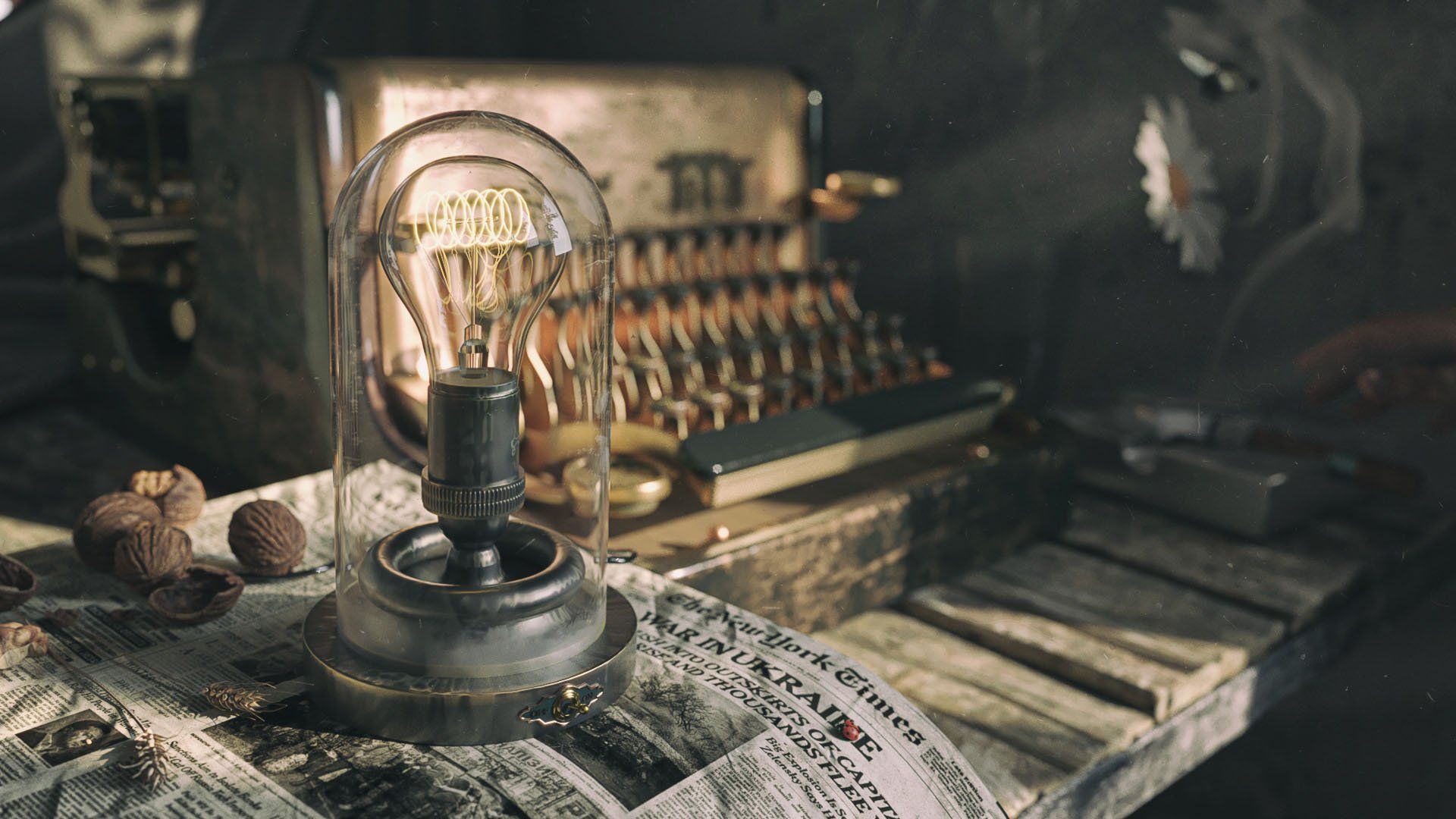 3D rendered image of a vintage setting featuring an antique lamp and typewriter, showcasing Top-notch 3D furniture visualization and photorealistic rendering.