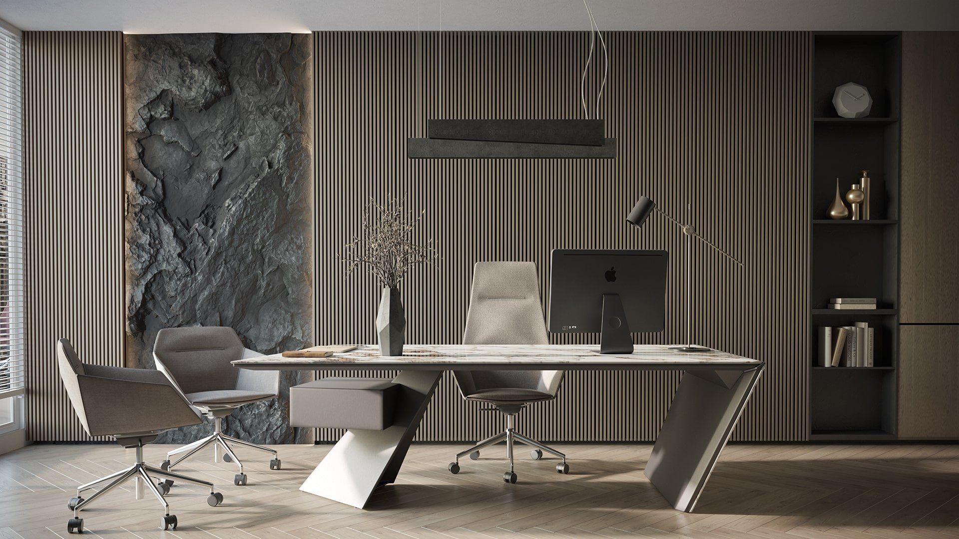 Realistic 3D rendering of a trendy office interior featuring bespoke house fittings and realistic textures, showcasing advanced 3D modeling and rendering techniques.