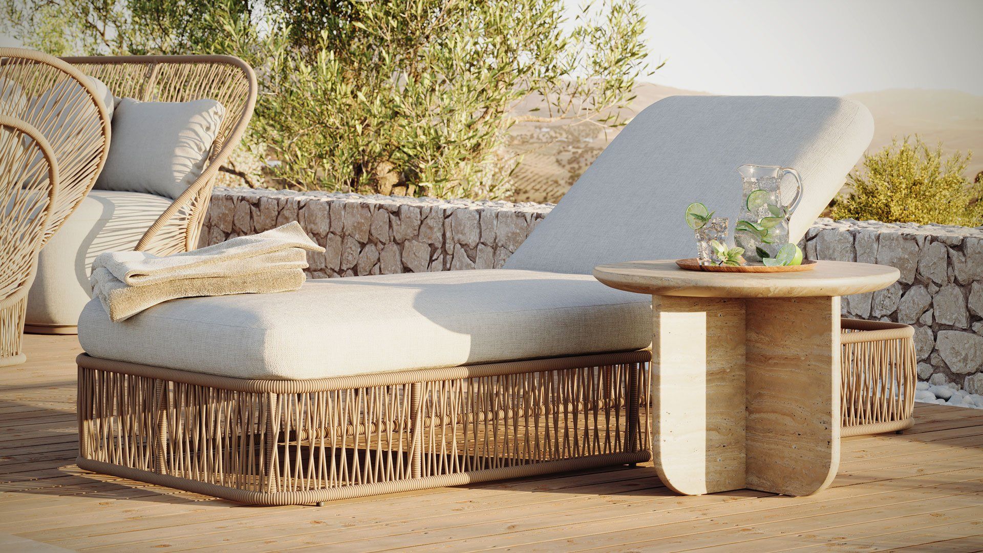 3D Visualization for Outdoor Deck with Wicker Chaise Lounge and Travertine Side Table