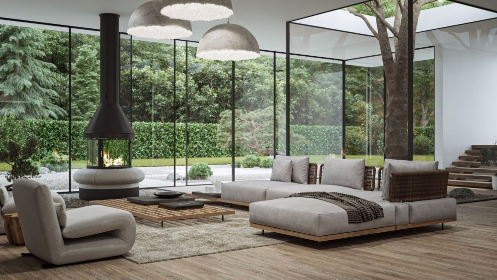 High-quality 3D interior rendering showcasing modern furniture, 3D furniture modeling, and photorealistic visualization in a contemporary living room setting.