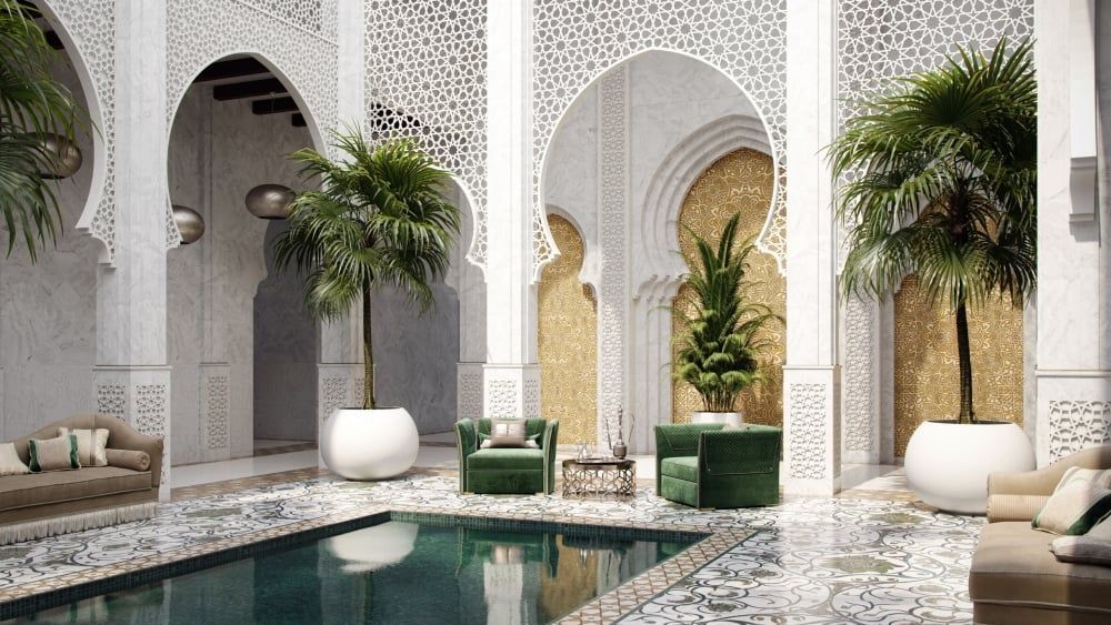 3D rendering of a luxurious courtyard featuring bespoke furniture, showcasing high-quality 3D visualization and photorealistic rendering.