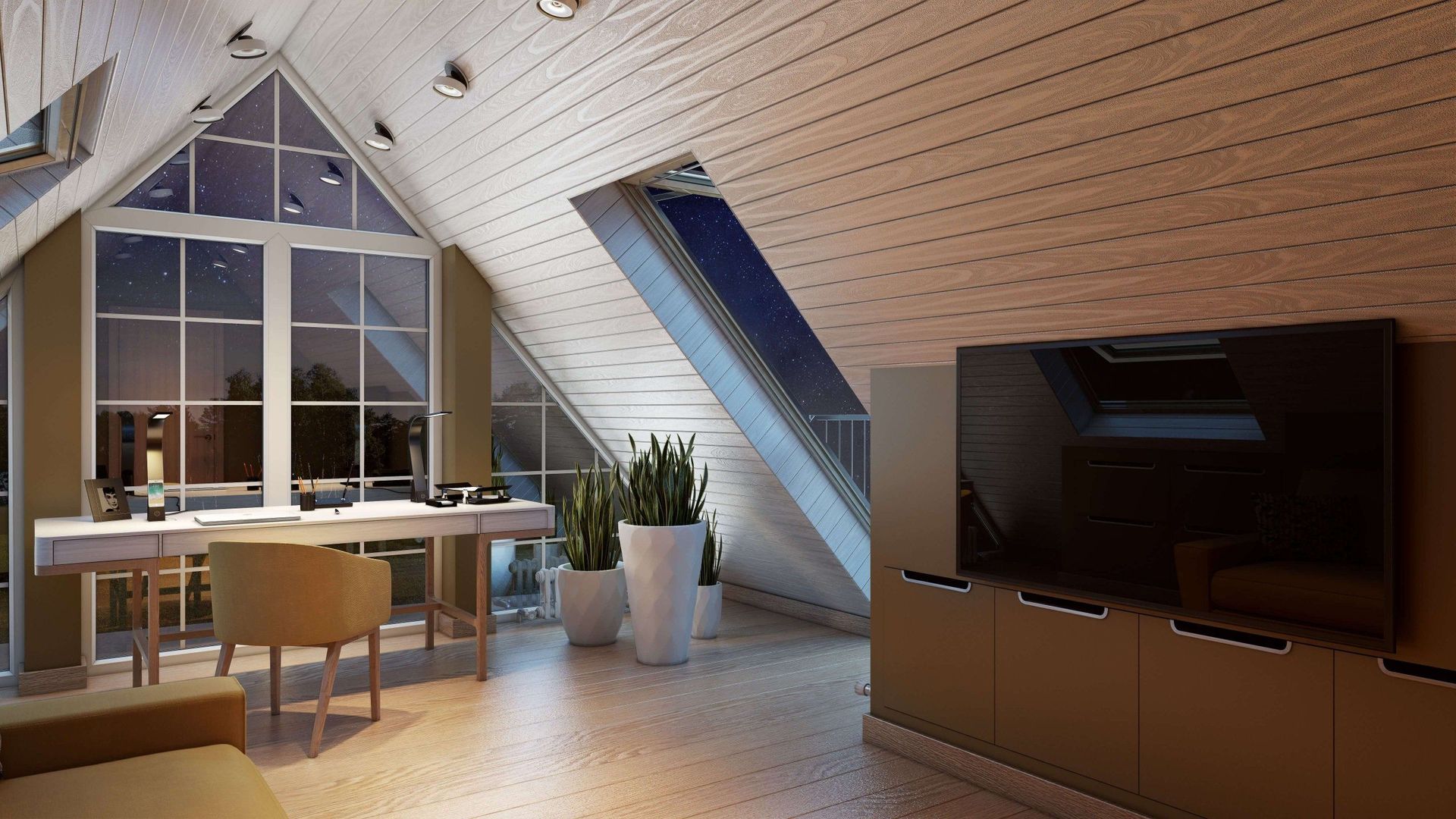 3D rendering of a modern attic workspace featuring bespoke furniture, showcasing 3D furniture modeling and high-quality 3D visualization.