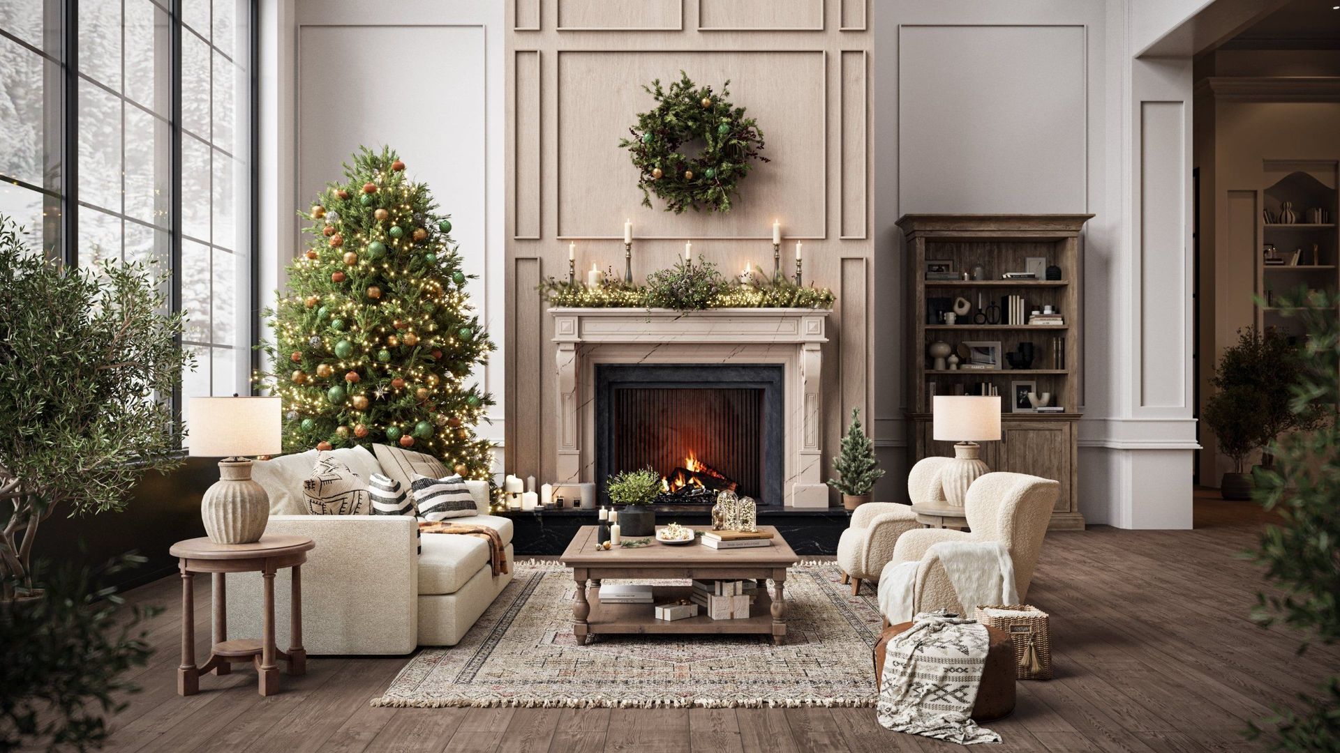 CGI of a Living Room Interior with Christmas Decor