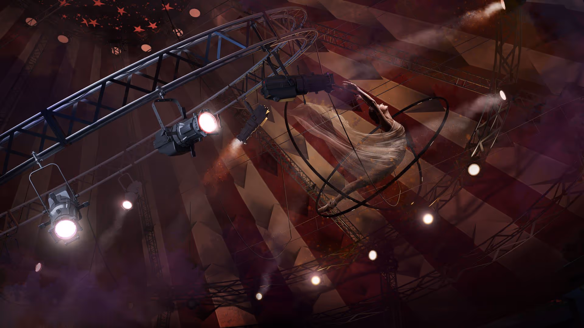 High-quality 3D CGI rendering showcasing a dynamic circus scene with lighting and acrobatics, highlighting advanced 3D modeling and rendering techniques.