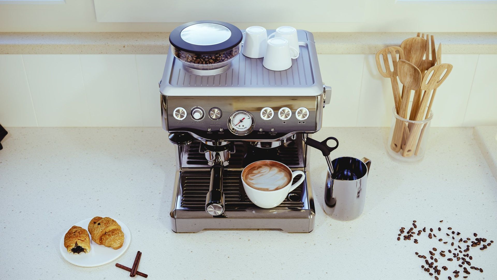 Realistic 3D rendering of an espresso machine on a kitchen counter, showcasing photorealistic product visualization and digital rendering techniques.