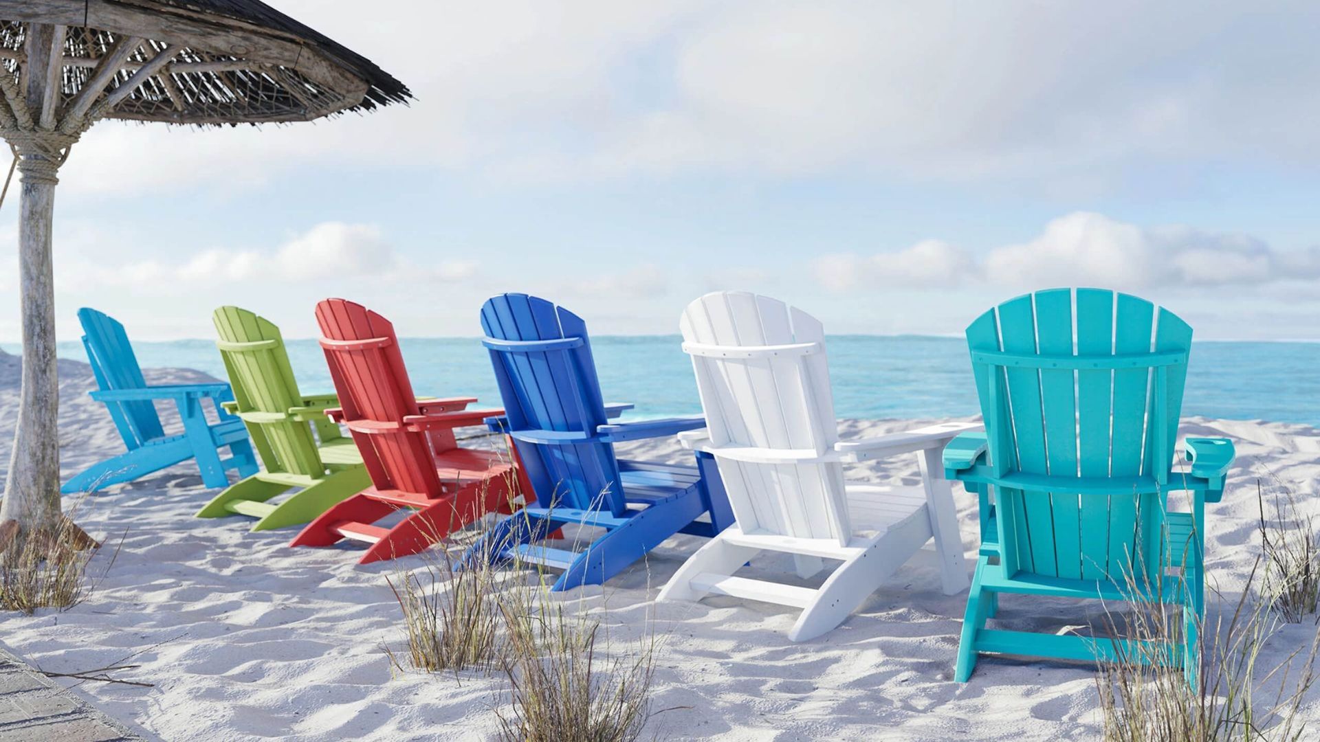 Photorealistic 3D rendering of colorful beach chairs on sand, showcasing 3D furniture modeling and visualization.
