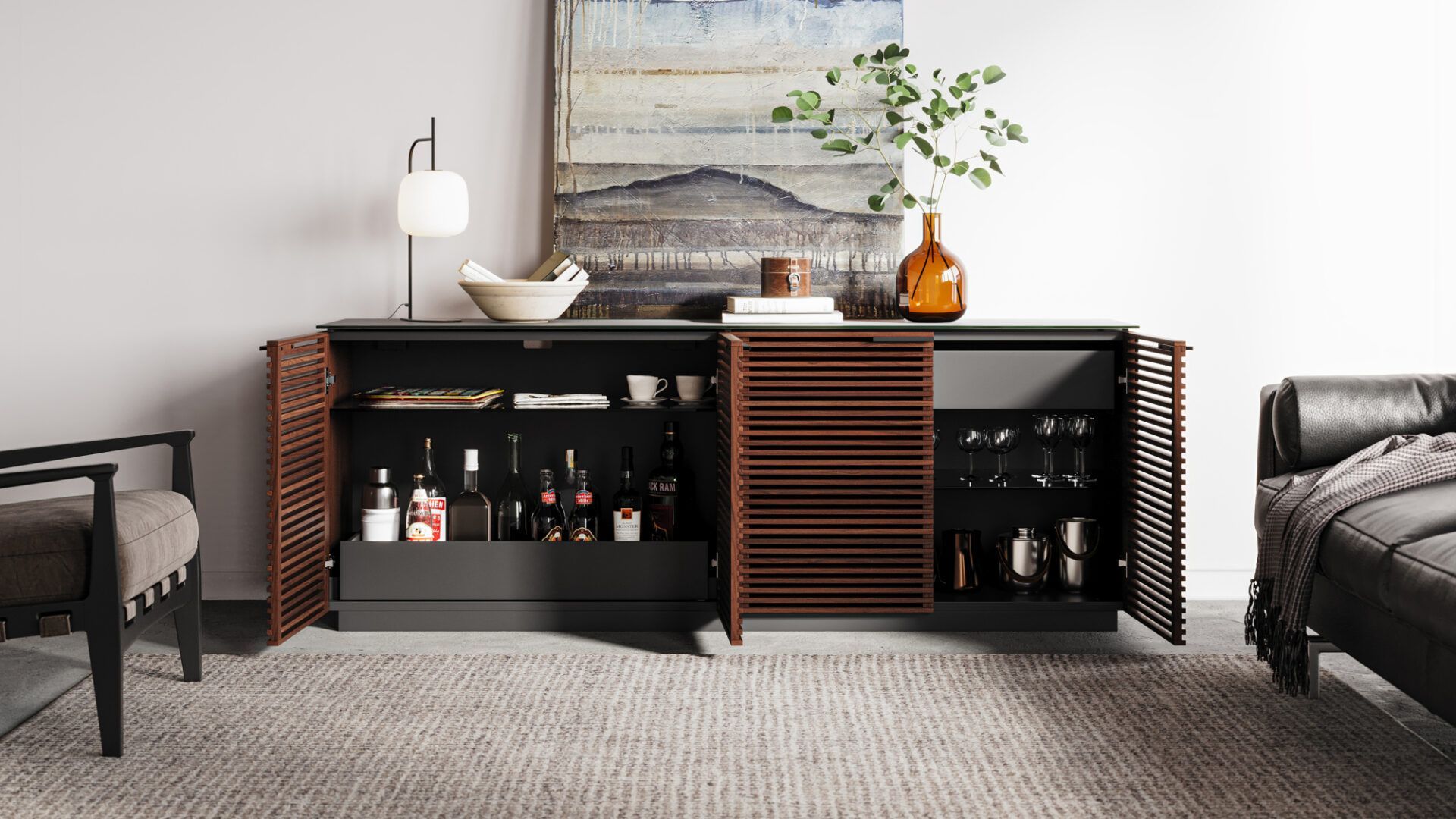Modern sideboard cabinet with open slatted doors showing bar storage and shelves in a living room setting, shown in product rendering