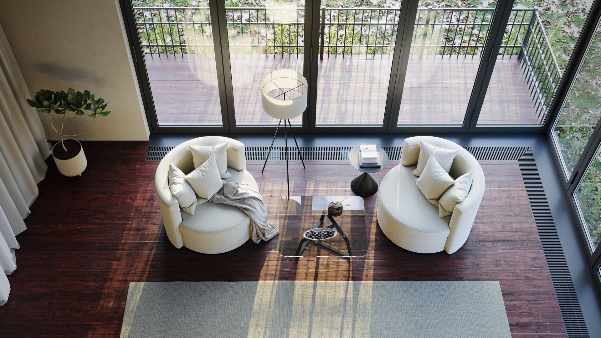 Lifestyle Rendering Of A Minimalist Living Room With Round Armchairs And A Glass Coffee Table