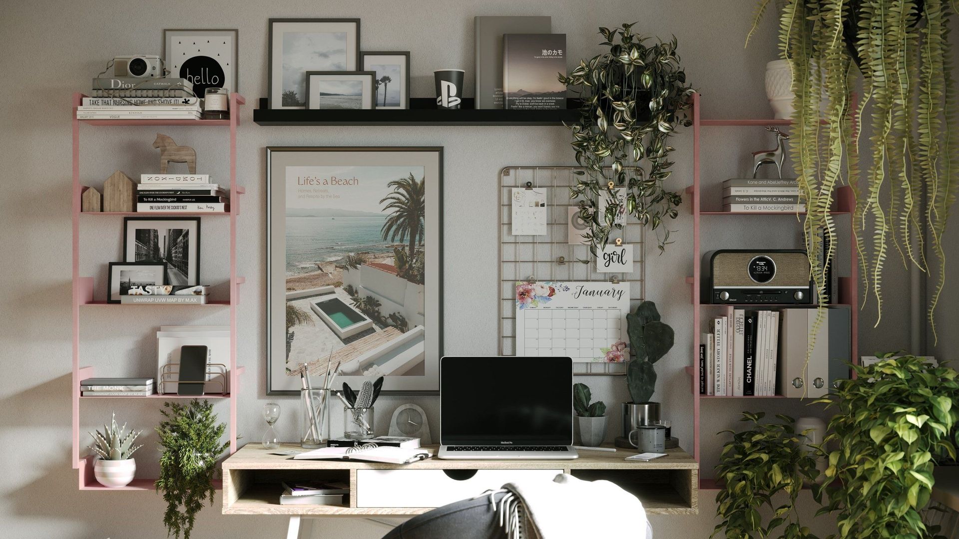 3D rendered image showcasing a trendy workspace with house fittings, plants, and decor, highlighting 3D house fittings modeling and rendering.