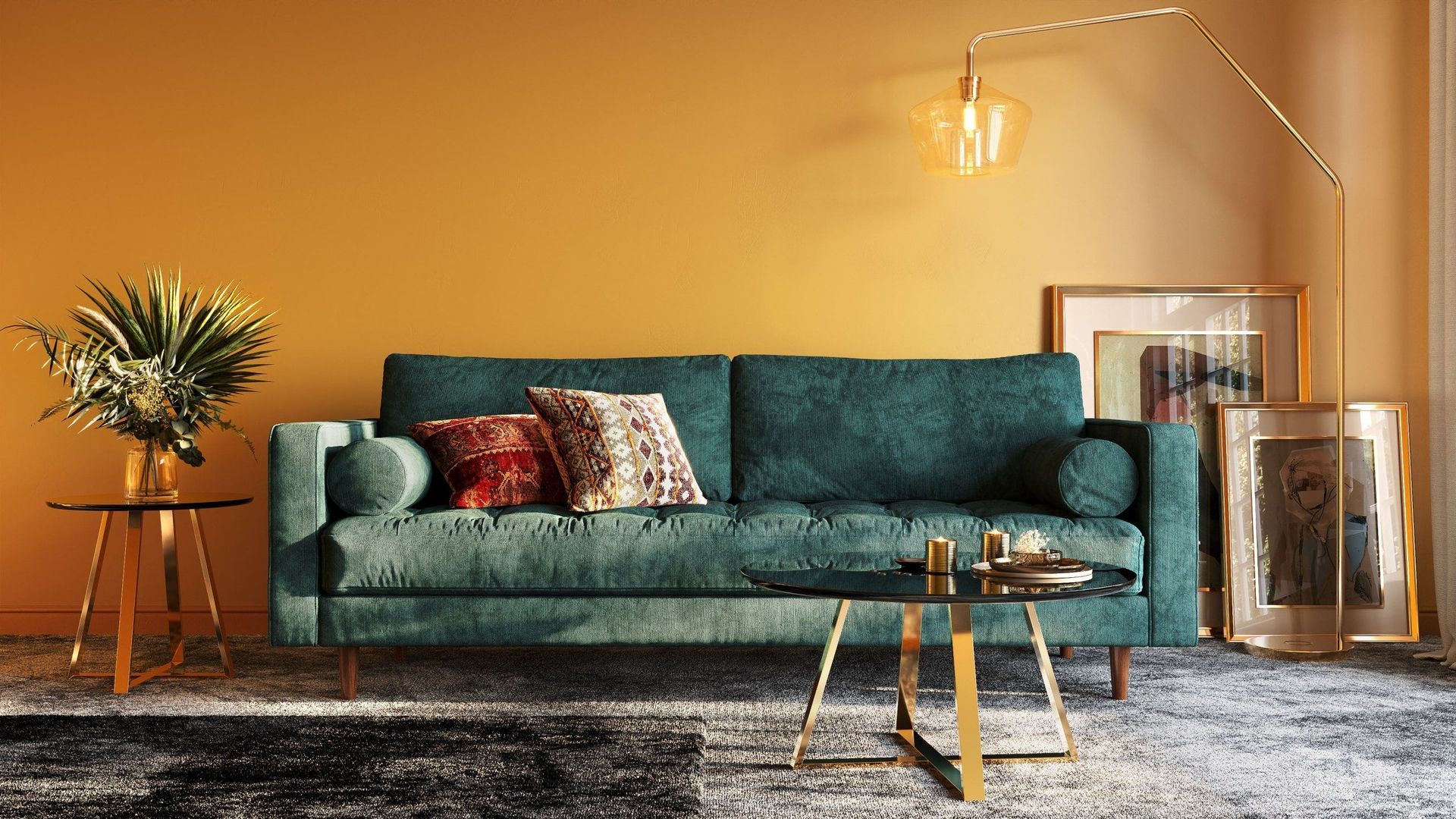 Lifestyle Rendering of a Teal Sofa With Golden Decor and a Yellow Wall