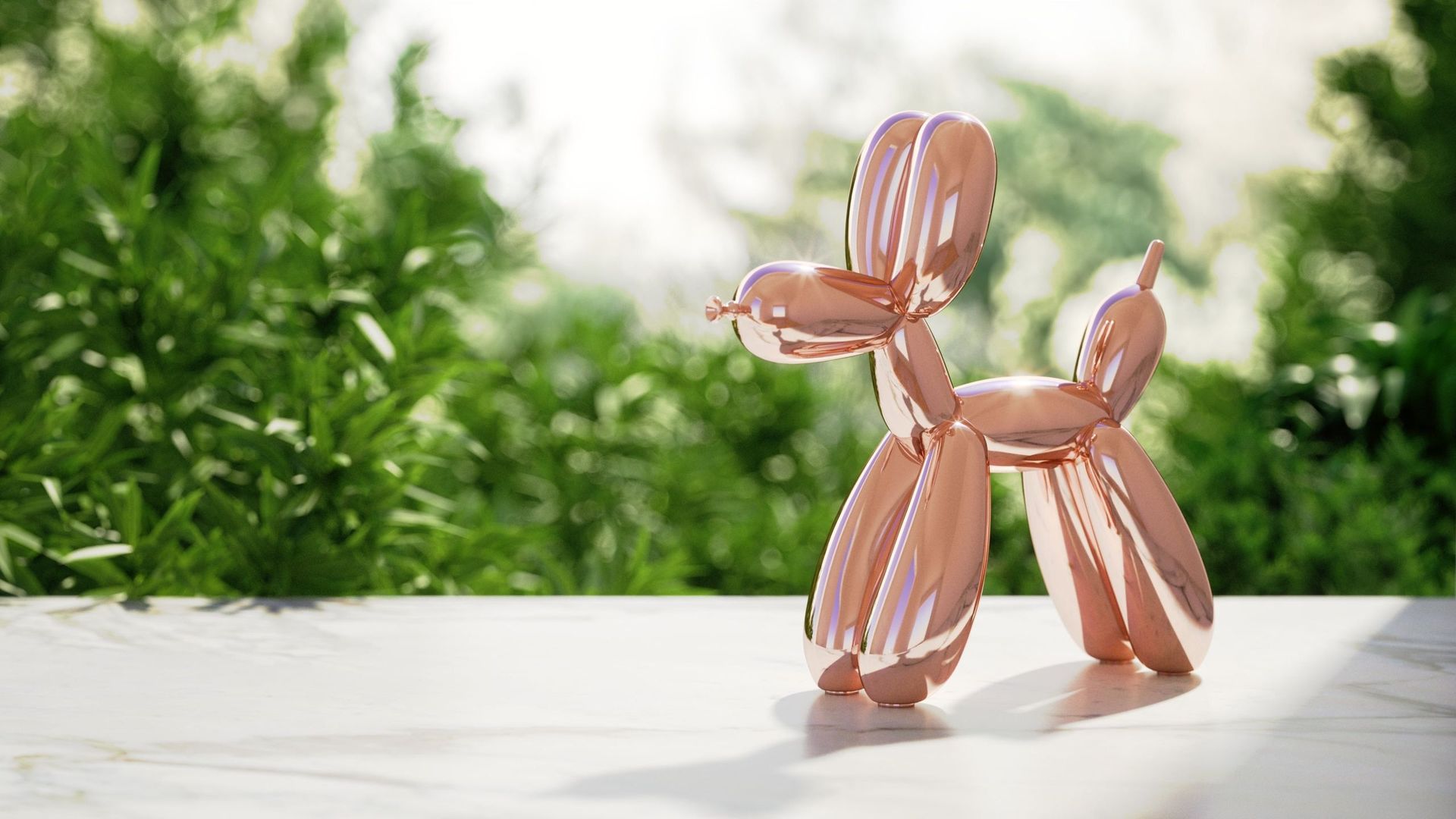 3D product rendering of a balloon dog sculpture, showcasing photorealistic CGI and high-end visualization in an outdoor environment.