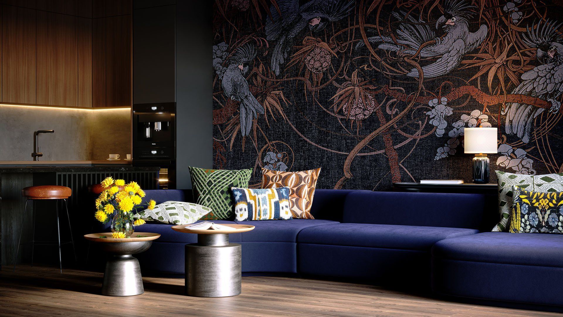 3D Visualization Of A Deep Blue Sofa In A Stylish Living Room With Patterned Wallpaper