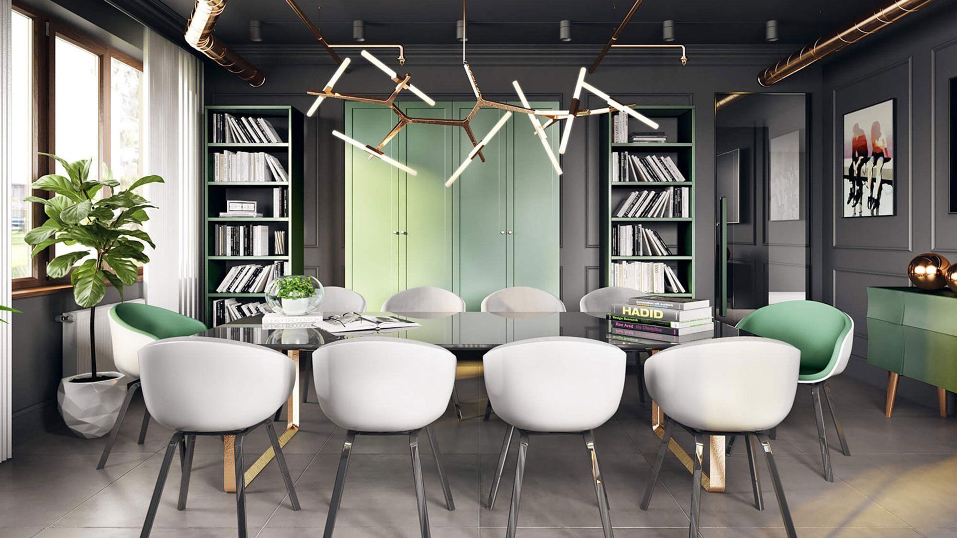 3D furniture modeling and rendering showcasing a modern office interior with chairs and a table, highlighting 3D interior visualization and photorealistic rendering.