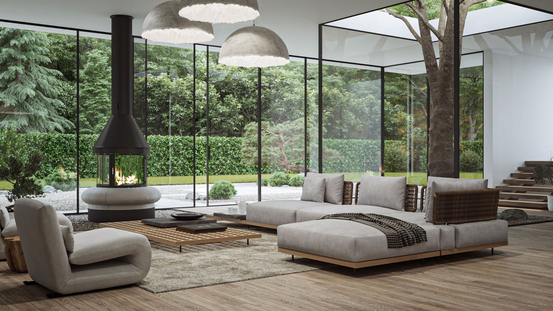 Lifestyle Rendering of a Modern Living Room With a Central Fireplace and Floor-to-Ceiling Glass Walls