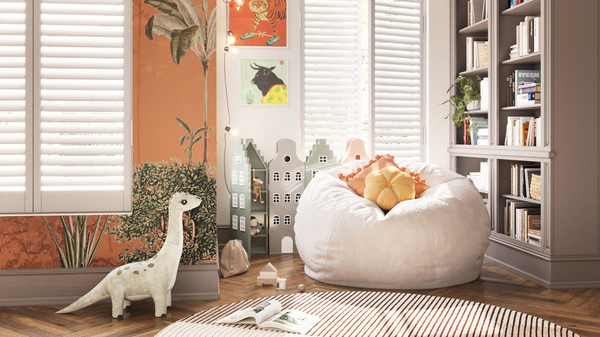 3D rendering of a children's room with bean bag, bookshelf, and dinosaur toy, showcasing 3D house fittings modeling and visualization
