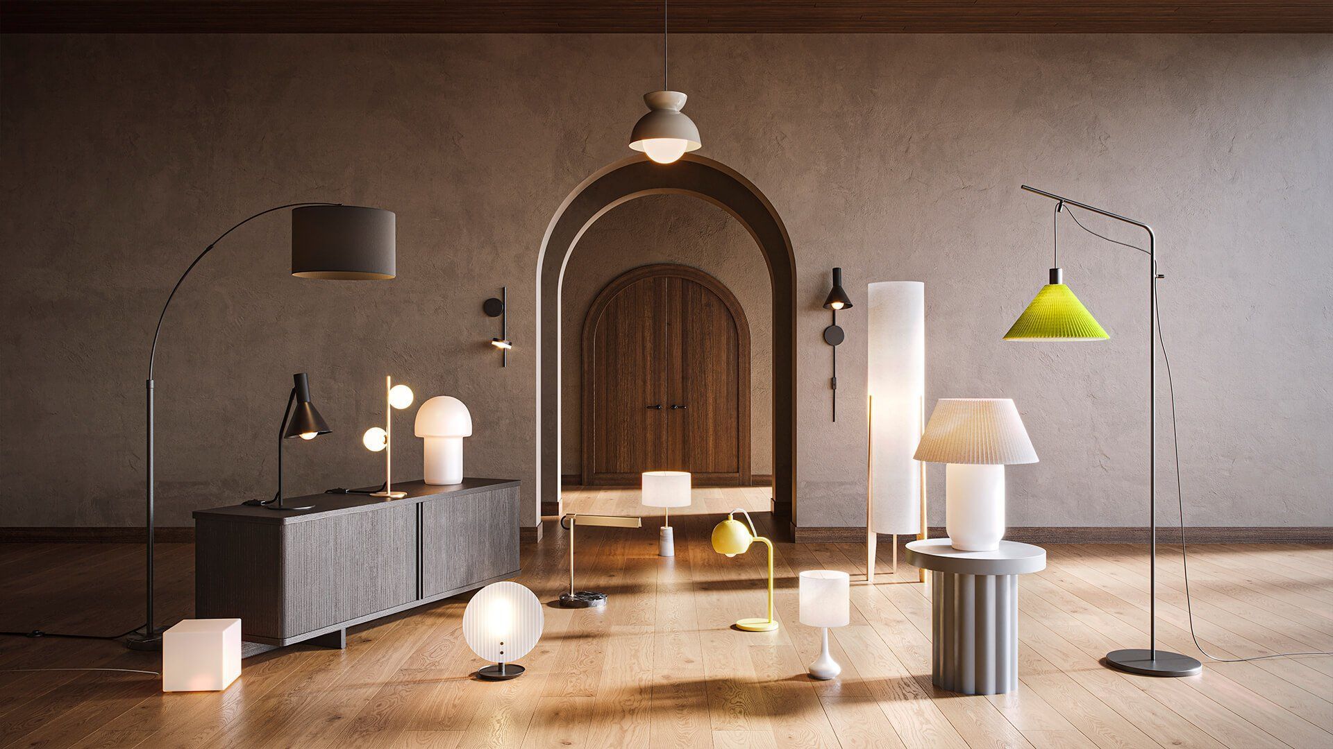 3D rendered furniture and lighting in a modern interior setting, showcasing 3D furniture modeling and rendering