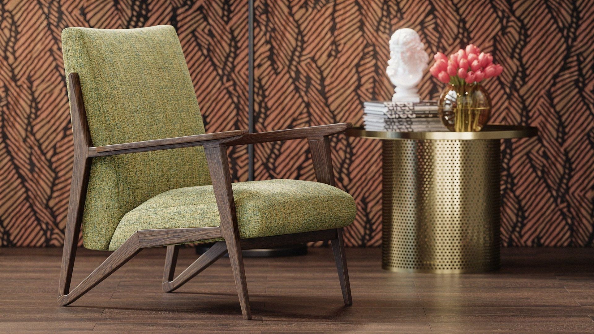 CGI of a Green Chair with Brown Patterned Wallpaper in the Background